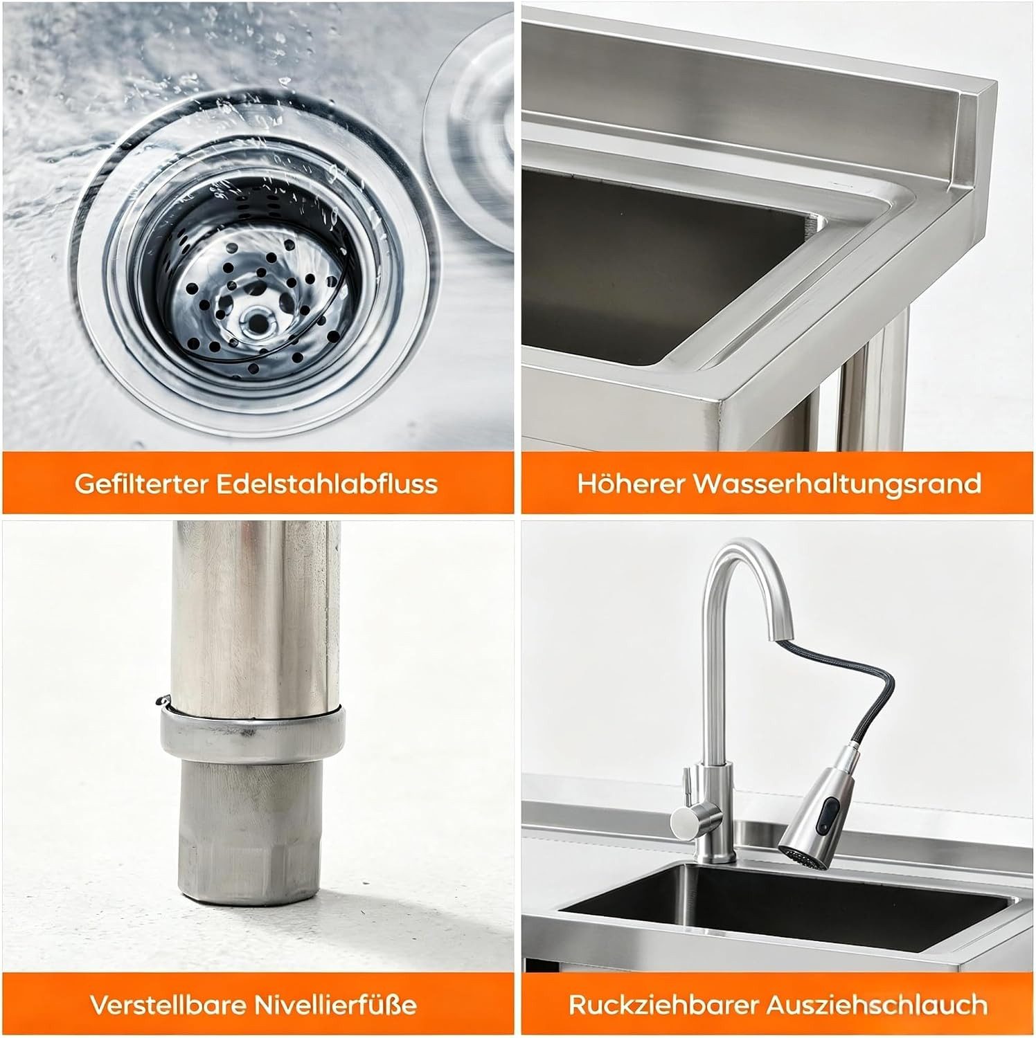 GarveeMore Küchenspüle Edelstahl Spültisch 99x36x84cm,Freistehende Küchenspüle 1 Becken, Gewerbliche Spülbecken Mit Wasserhahn Kalt Und Warmwasserschläuchen – Bild 4 von 5
