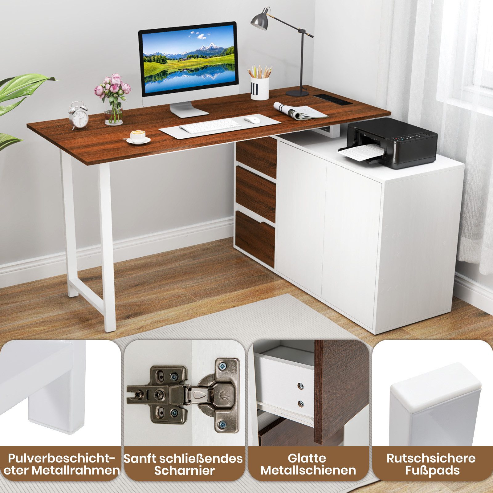 KOMFOTTEU Computertisch, Schreibtisch mit Aktenschrank, Steckdose & 3 Schubladen