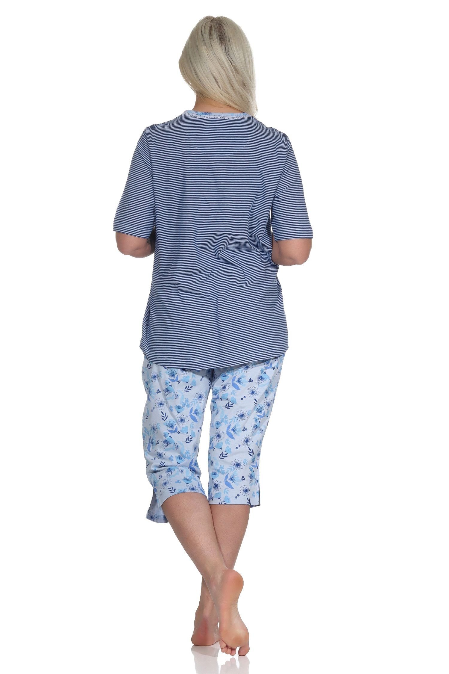 Normann Pyjama Damen Schlafanzug kurzarm hellblau Spitze mit und Capri-Hose