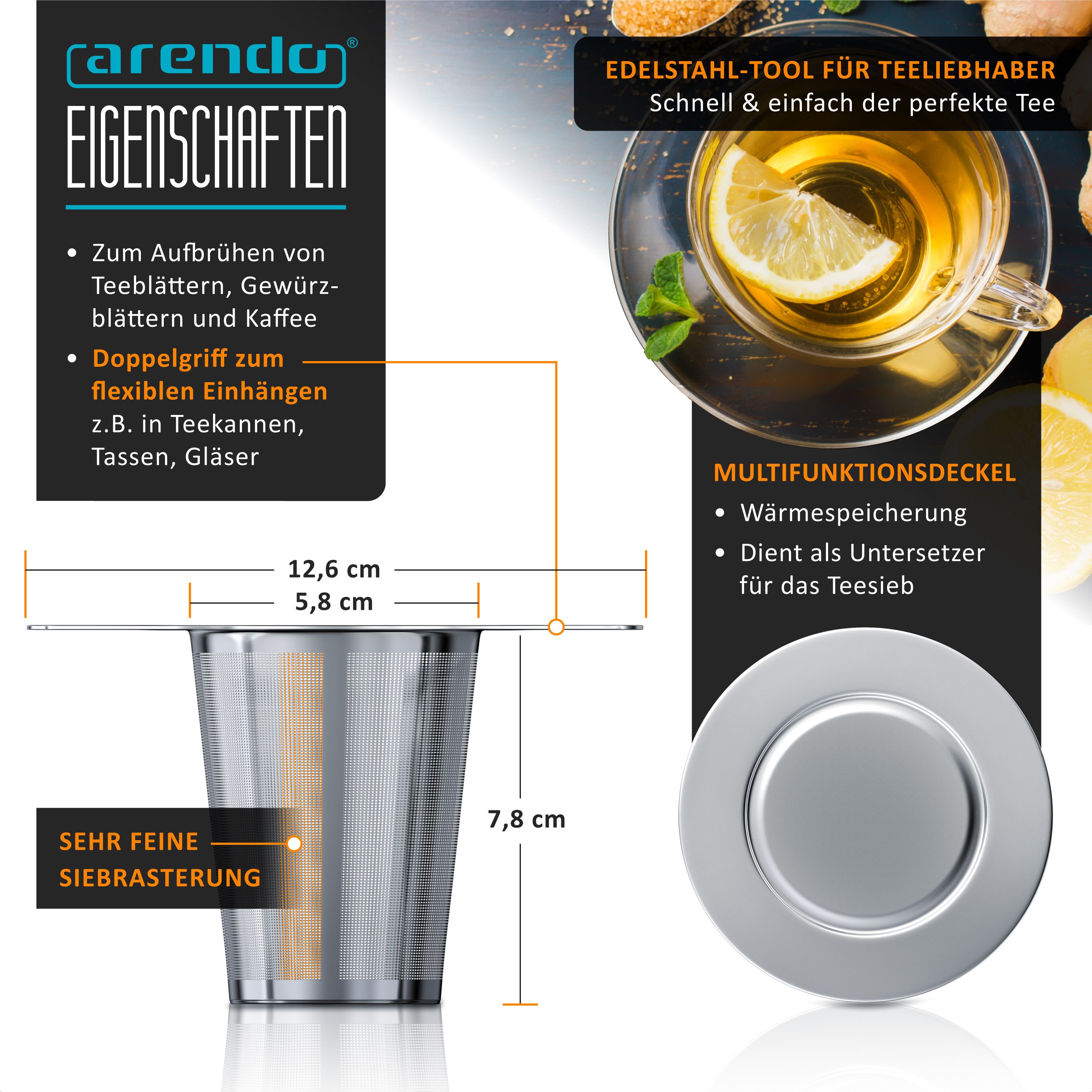 Arendo Teesieb aus Edelstahl, Doppelgriff & Multifunktionsdeckel, für Kannen & Tassen, Edelstahl 304, Teefilter, Kräutersieb für Tee, Gewürze, Kräuter, Teeblätter, Kaffee