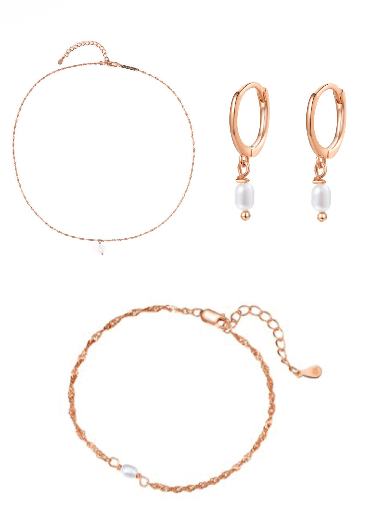 Hey Happiness Ювелирные изделияset Barockperlen, Damen Kette, Creolen und Armband, Klassisches Perlen 3er Set mit Süßwasserperlen, 925er Silber
