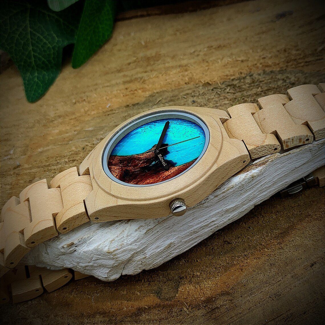 Holzwerk Quarzuhr BREISGAU Damen & Herren Epoxidharz Holz Armband Uhr, beige & türkis