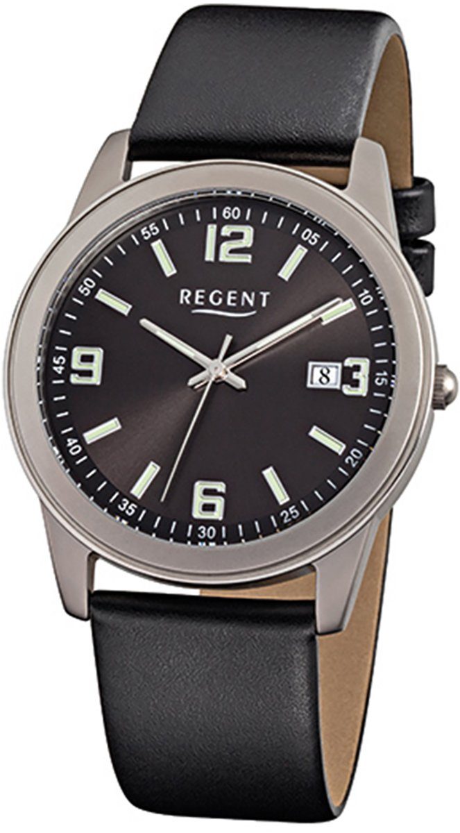 Regent Quarzuhr Regent Herren-Armbanduhr schwarz Analog, Herren Armbanduhr rund, mittel (ca. 38mm), Lederarmband | Quarzuhren