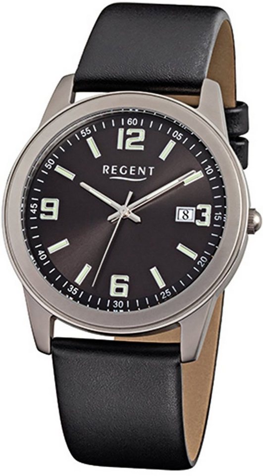 Regent Quarzuhr Regent Herren-Armbanduhr schwarz Analog, Herren Armbanduhr  rund, mittel (ca. 38mm), Lederarmband