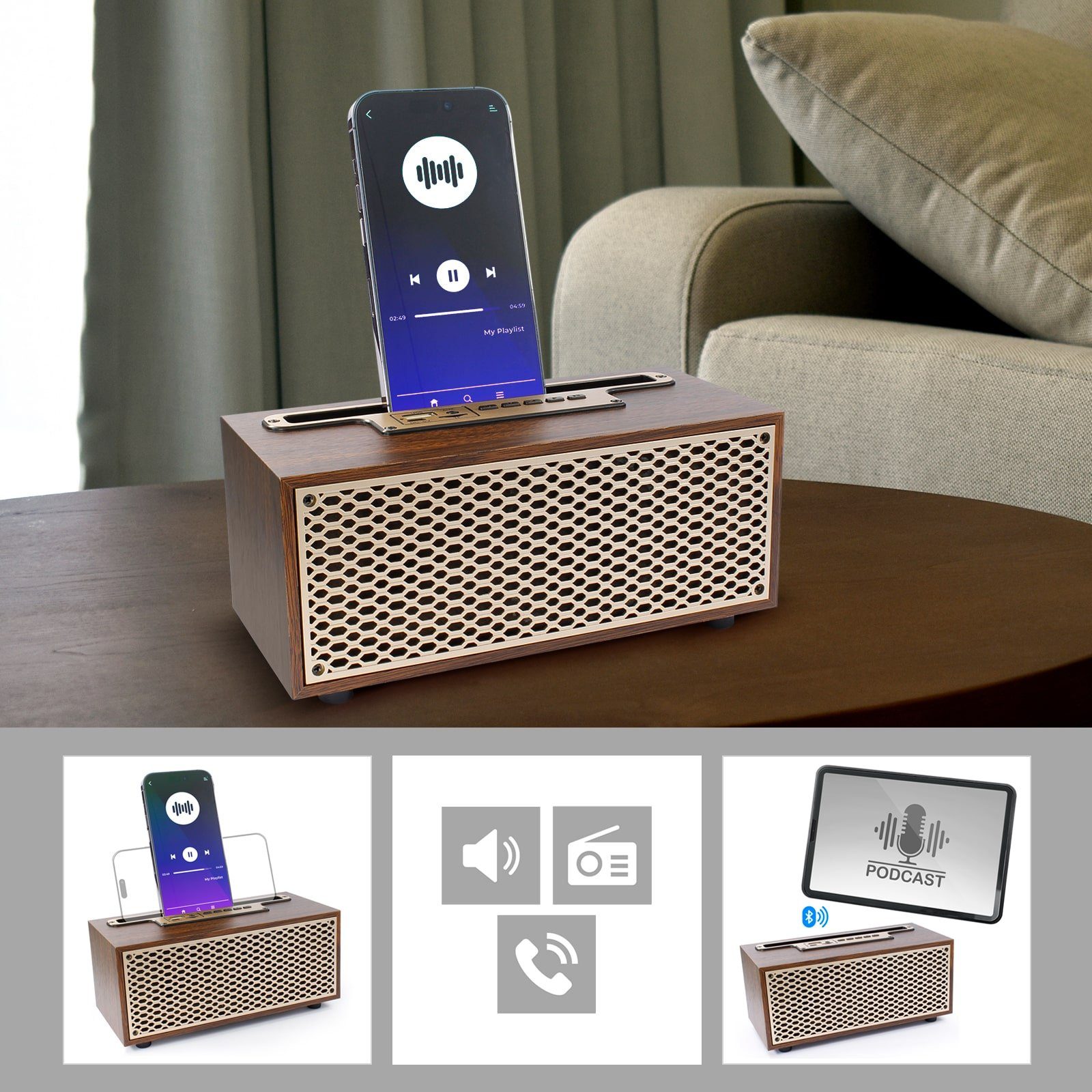 EAXUS XM-5H Premium Bluetooth Колонки in edler Vintage Holz-Optik Bluetooth-Lautsprecher (Bluetooth, Mit Radio, USB, microSD-Slot & Freisprechfunktion)