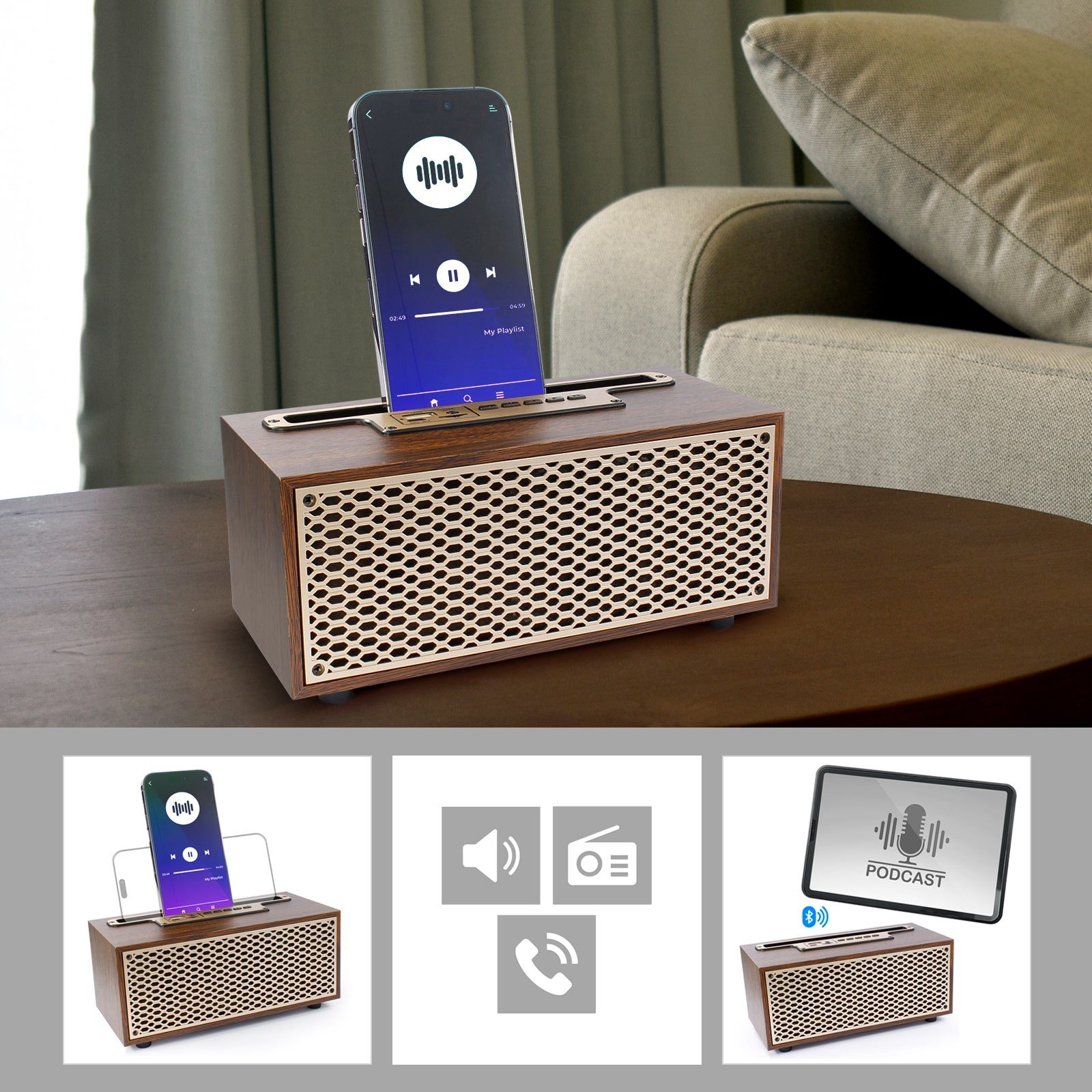 EAXUS XM-5H Premium Bluetooth edler & microSD-Slot (Bluetooth, Freisprechfunktion) Vintage USB, Bluetooth-Lautsprecher Holz-Optik Mit in Lautsprecher Radio