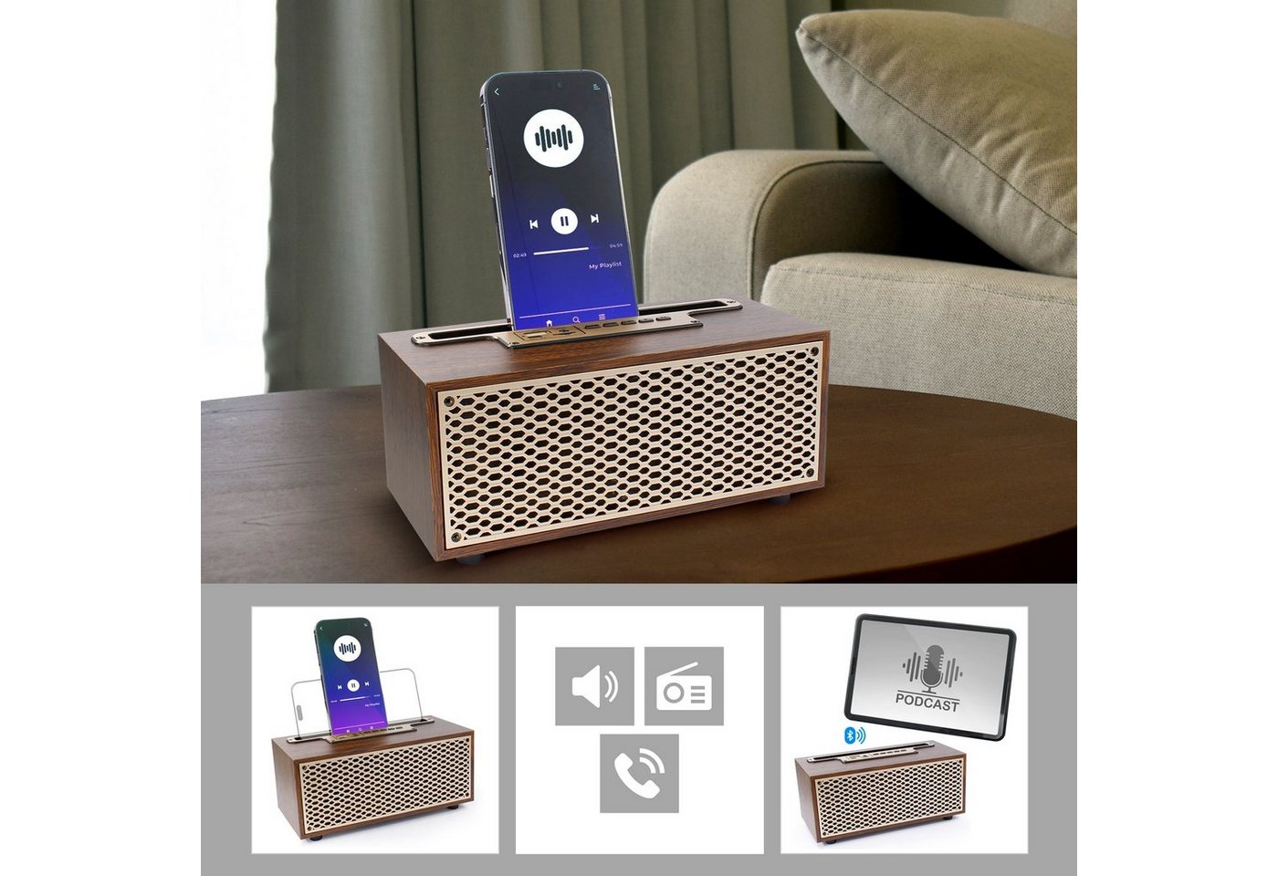 EAXUS XM-5H Premium Bluetooth Lautsprecher in edler Vintage Holz-Optik Bluetooth-Lautsprecher (Bluetooth, Mit Radio, USB, microSD-Slot & Freisprechfunktion)