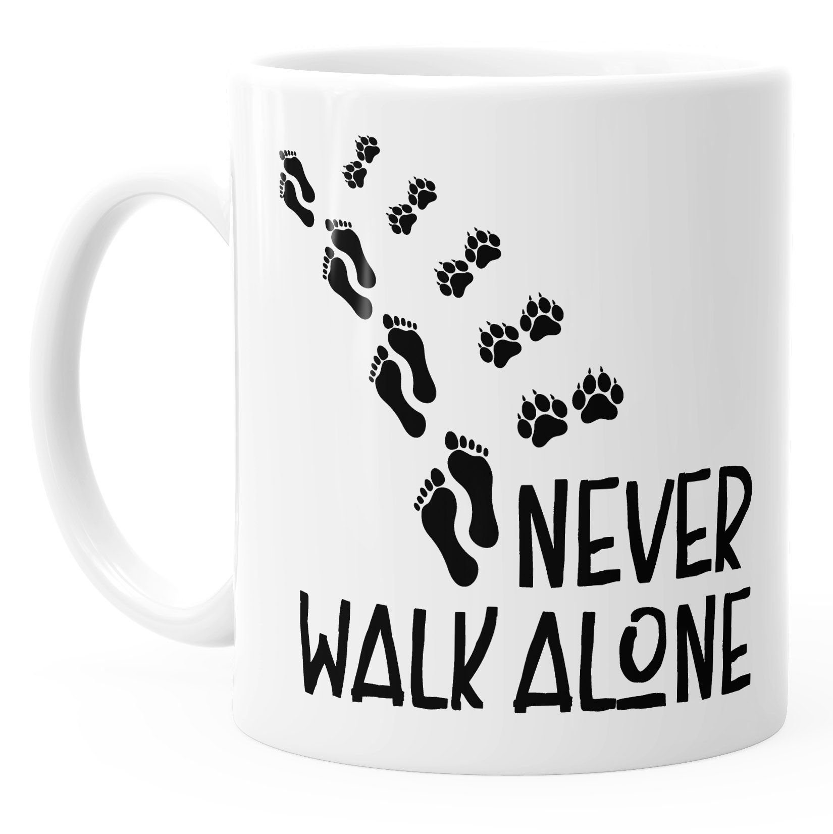 MoonWorks Tasse Kaffee-Tasse Never walk alone Hund Pfoten Hundepfoten Pfotenabdrücke Hundebesitzer MoonWorks®, Keramik