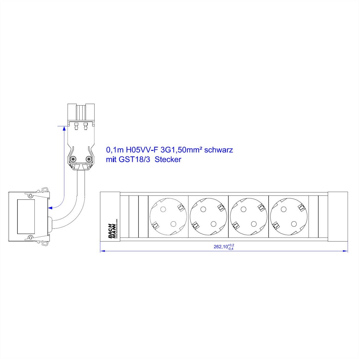 Bachmann POWER FRAME 4xCEE7/3 ALU 0,20m 3G1,5mm² sw GST18 Einbau-Tischsteckdosenleiste, 916.054