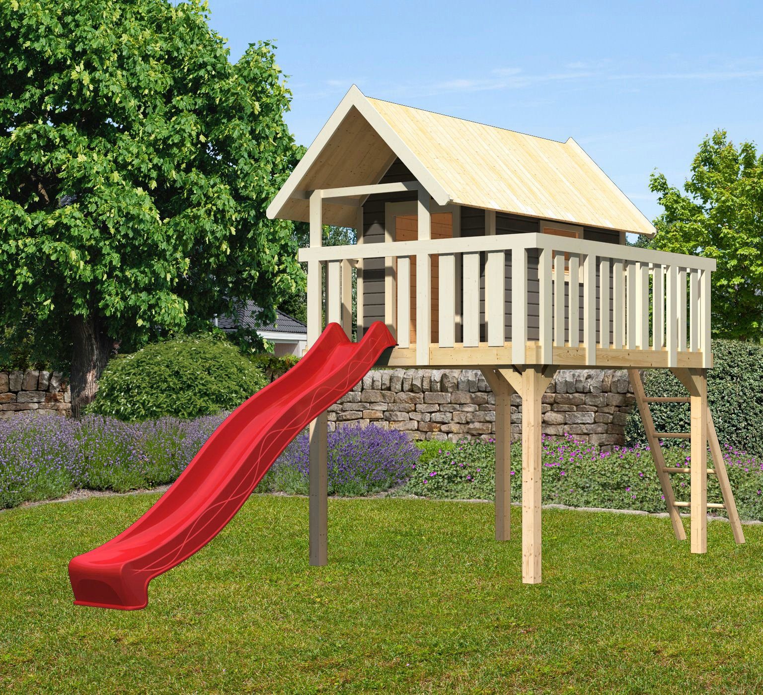 AKUBI Spielturm Fidel, BxTxH: 198x243x330 cm, terragrau mit Rrutsche in rot