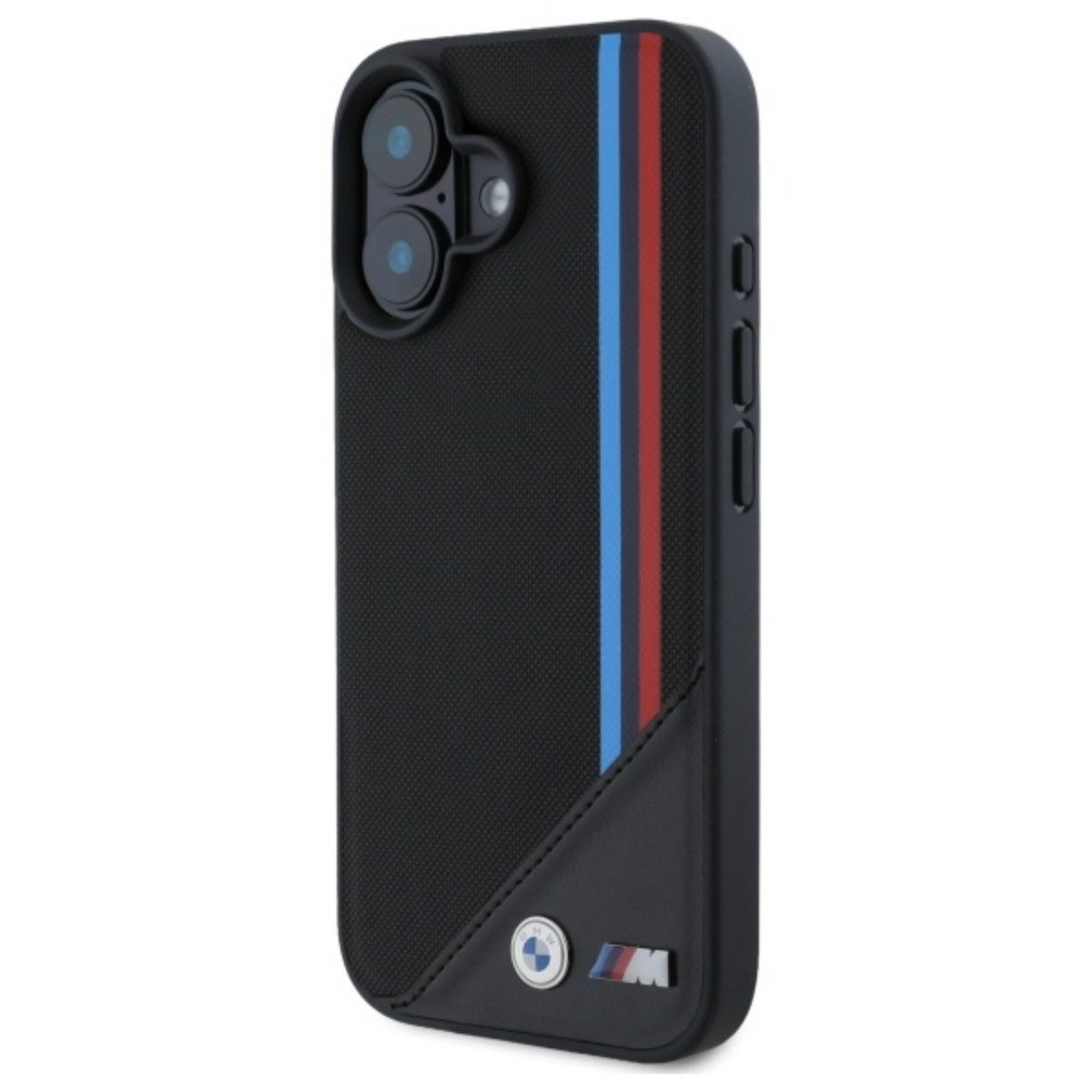 BMW Handyhülle Meshed Tricolor Stripes mit Magnetfunktion Kompatibel mit iPhone 16 6,1, Mesh-Oberfläche mit Tricolor-Streifen und Magnetfunktion