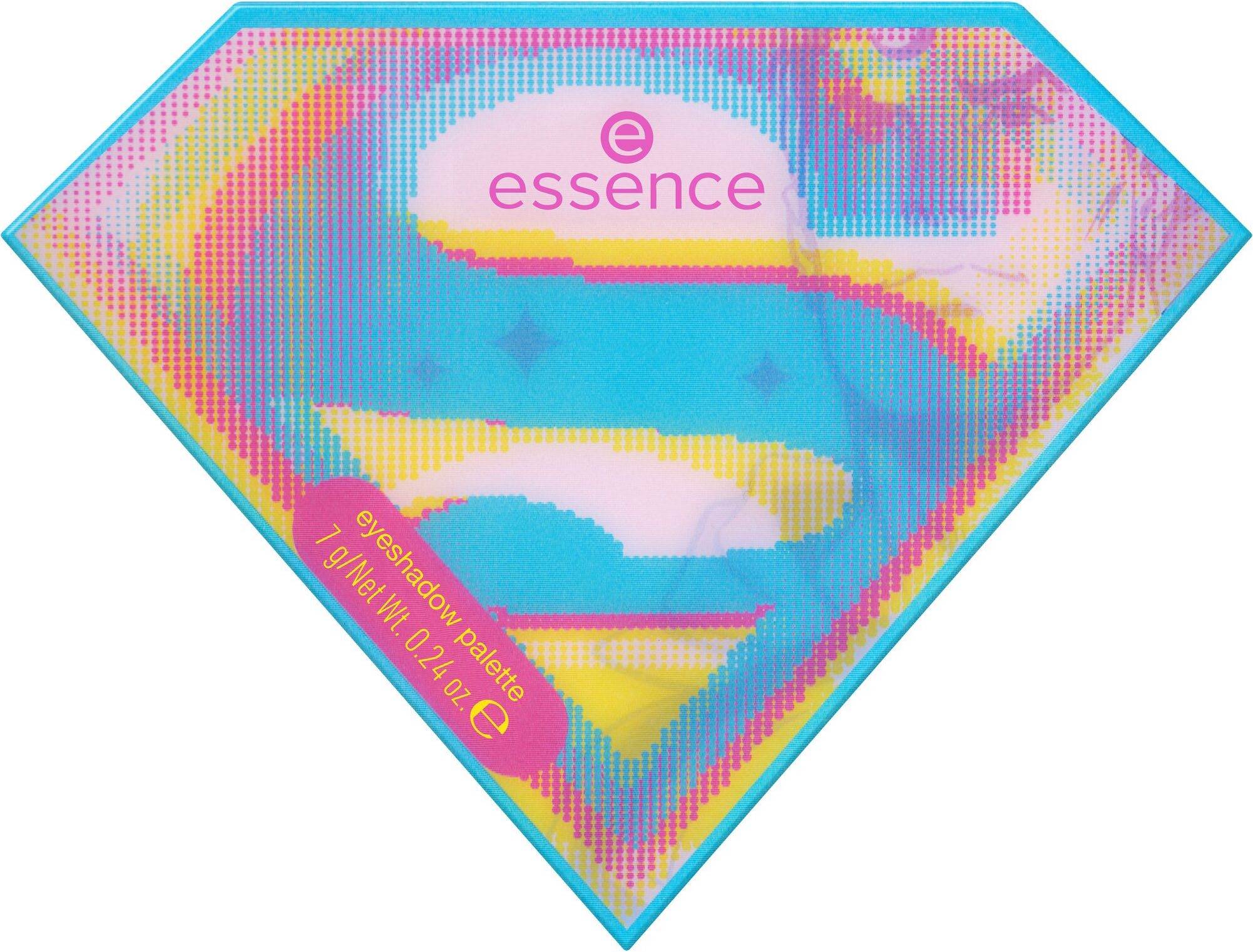 Essence Lidschatten-Palette Superman eyeshadow palette, Hochpigmentiert mit matten, schimmernden und metallischen Texturen.