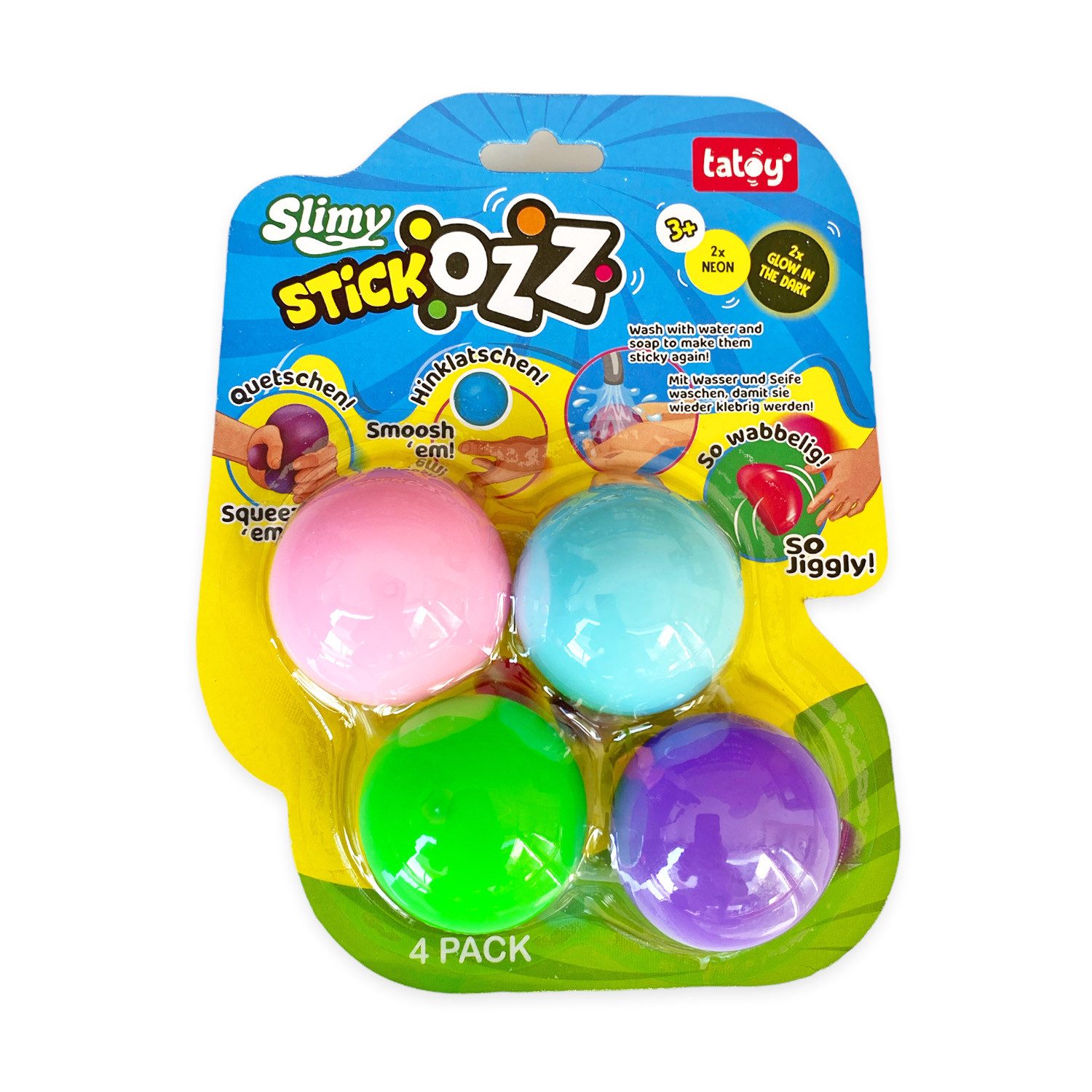 Tatoy® Spiel Slimy StickOzz 4er Pack, 2 x Neon und 2 x GID Klebebälle zum überall Hinwerfen