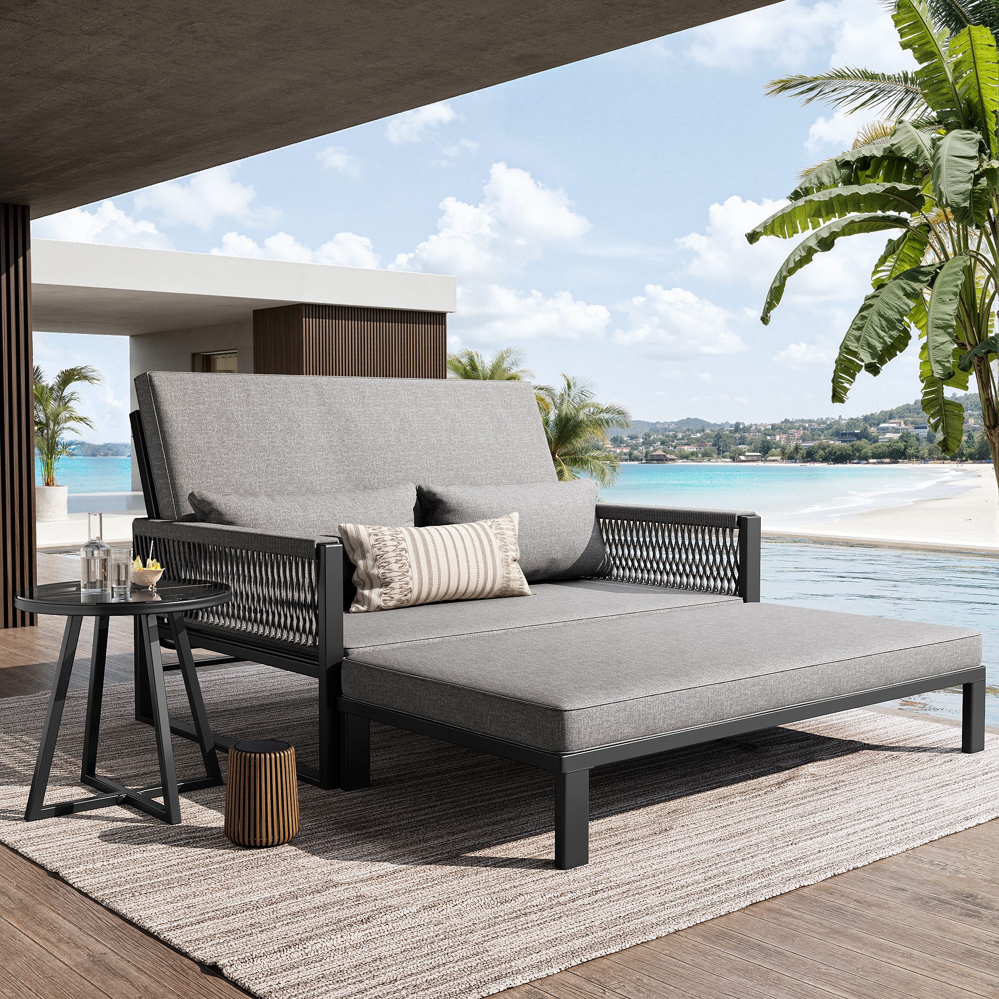 Odikalo Gartenlounge-Set Gartenliege Doppelliege Gartensofa Inkl. Glas-Couchtisch & Polstern, (mit geflochtenen Armlehnen aus Eisen / Wetterfestes Outdoor-Sofa)