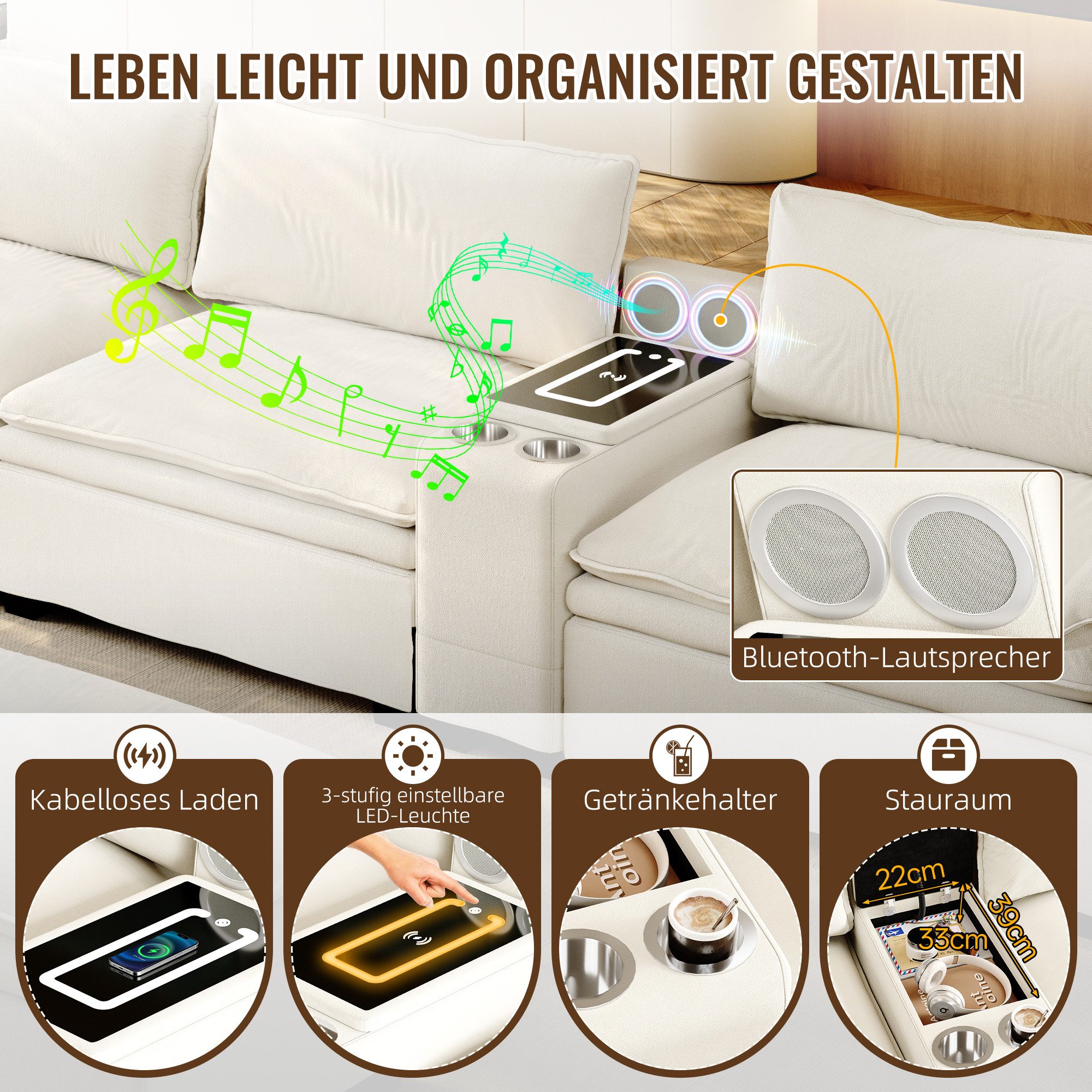 i@home Ecksofa 4-Sitzer Sofa, mit drahtloses Laden, Lautsprecher, LED, 2 Tassenhalter, schwarz/beige