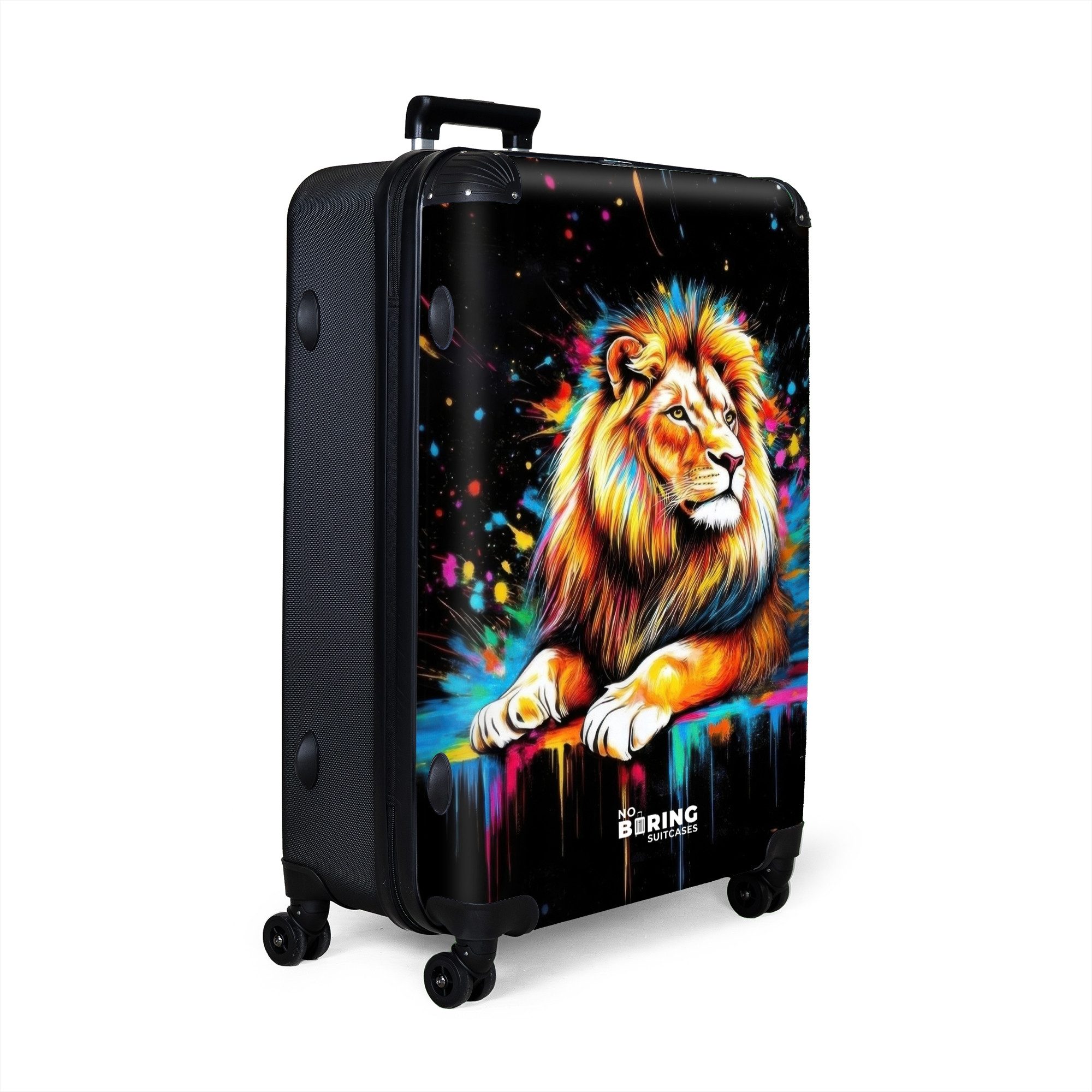 NoBoringSuitcases.com© Hartschalen-Trolley Löwe mit bunten Spritzern auf schwarzem Hintergrund 77 cm - 98 L, 8 Rollen, Koffer Groß für 30kg, Trolley, Rollkoffer, Reisekoffer