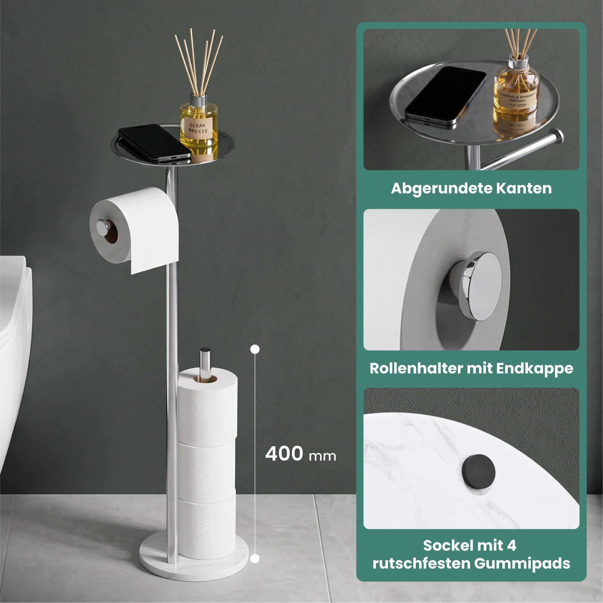 Mai & Mai Toilettenpapierhalter Klopapierhalter stehend mit Ablage aus Edelstahl ohne Bohren Lino-06, Toilettenpapier Aufbewahrung für 4 Rolle,Klorollenhalter f – Bild 5 von 5
