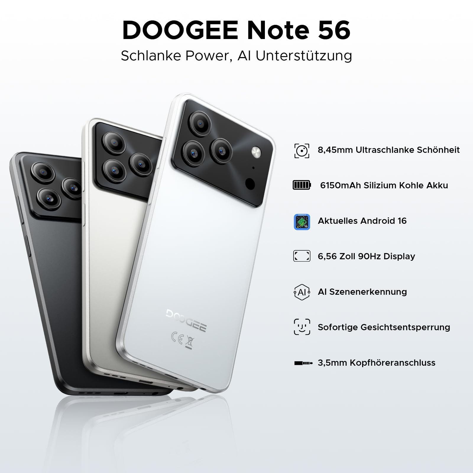 DOOGEE NOTE56 12GB RAM+64GB ROM/TF 2TB, Android 16 Smartphone (16,66 cm/6.56 Zoll, 64 GB Speicherplatz, 8 MP Kamera, 6,56 Zoll HD+ Display, 6150mAh, 4G Dual SIM, Face ID, GPS, OTG)