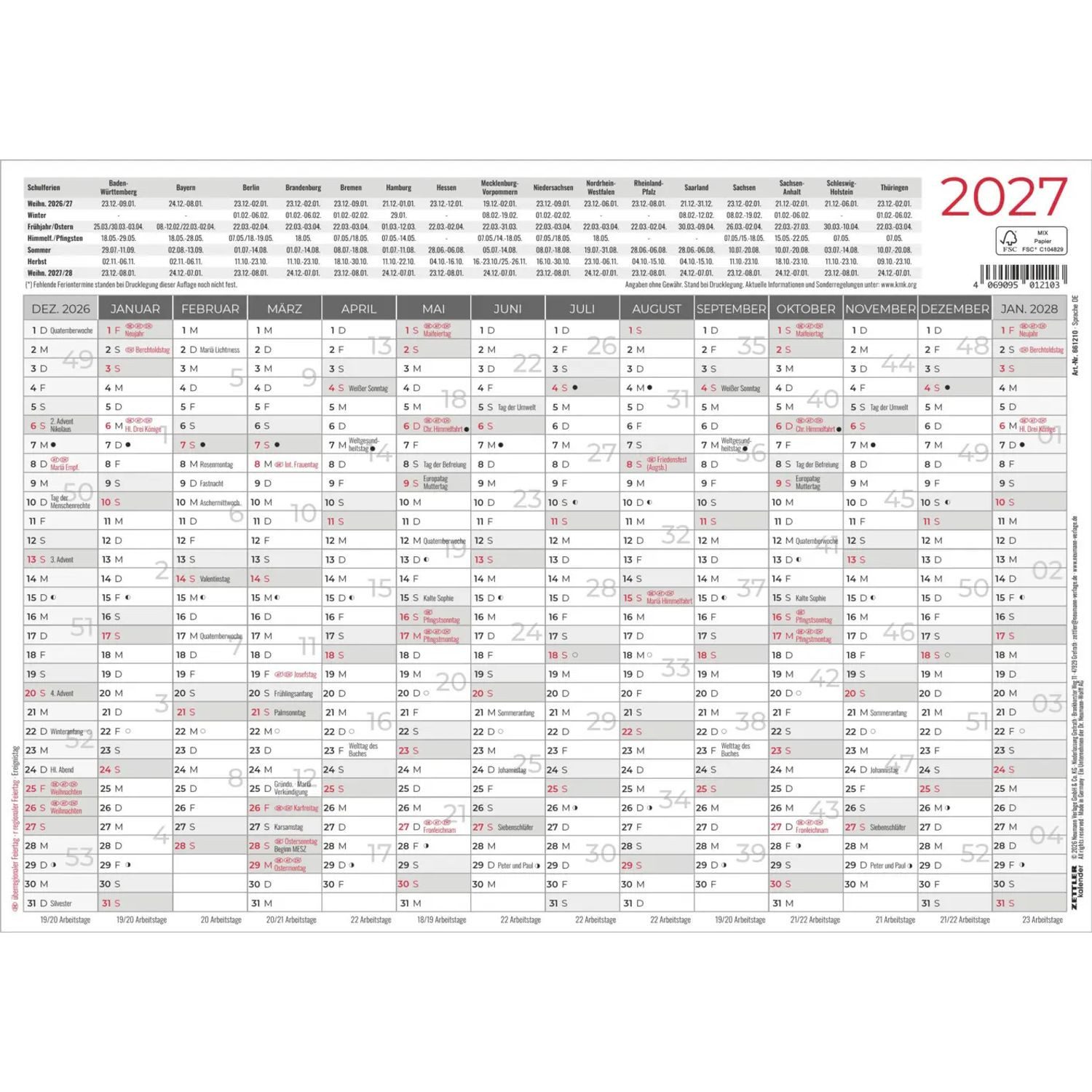 NEUMANN Wandkalender Tafelkalender A4 einseitig 2027