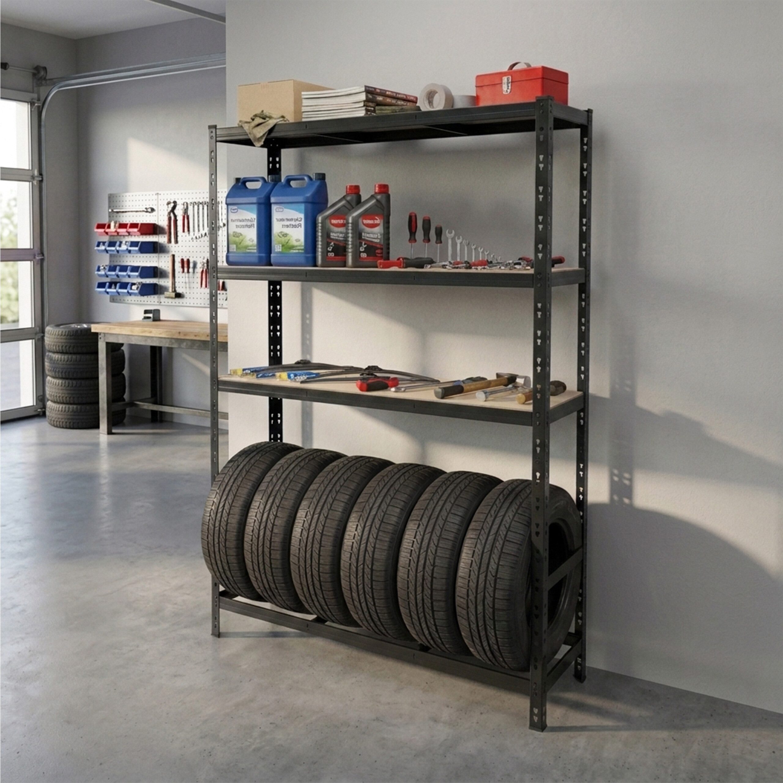 relaxdays Schwerlastregal Reifenregal mit 3 Ablagen, 1-tlg., schwarz, 6 Reifen – Bild 5 von 5