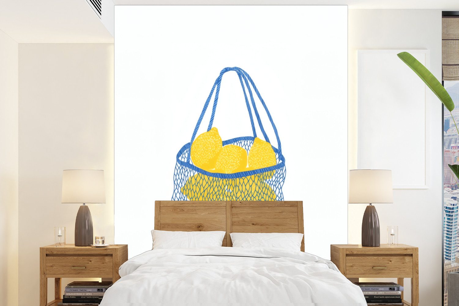 MuchoWow Fototapete Tasche - Blau - Zitronen - Illustration, Matt, bedruckt, Montagefertig Vinyl Tapete, Wandtapete, 190x260 cm