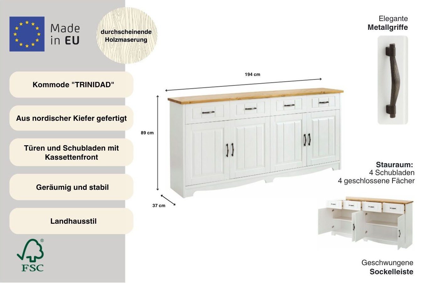 OTTO home Sideboard Trinidad, Kommode, Breite 194 cm