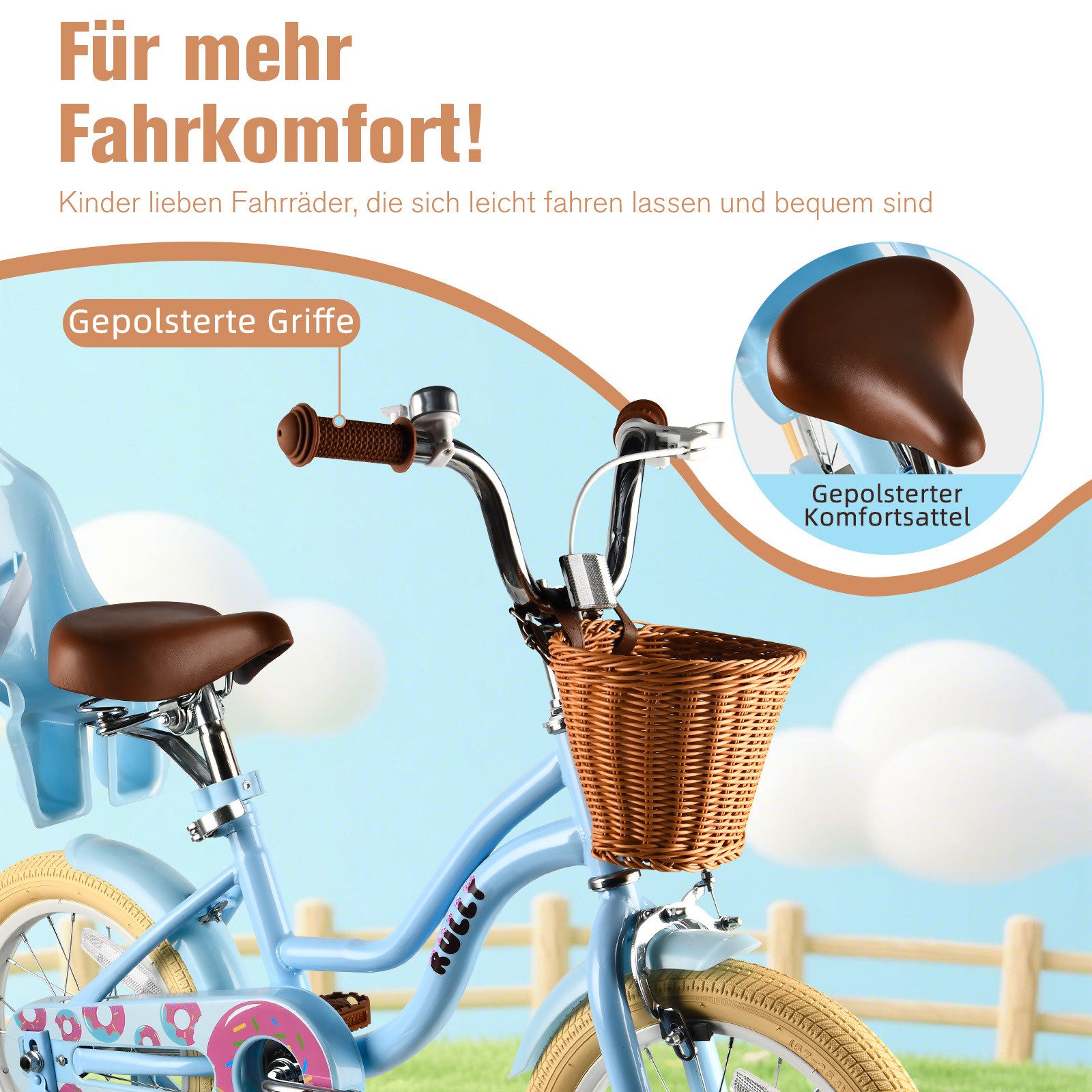 Vankel Kinderfahrrad 12–16 Zoll, Korb, Puppensitz & Stützräder, 1 Gang, für ca. 4–7 Jahre, 104–135 cm