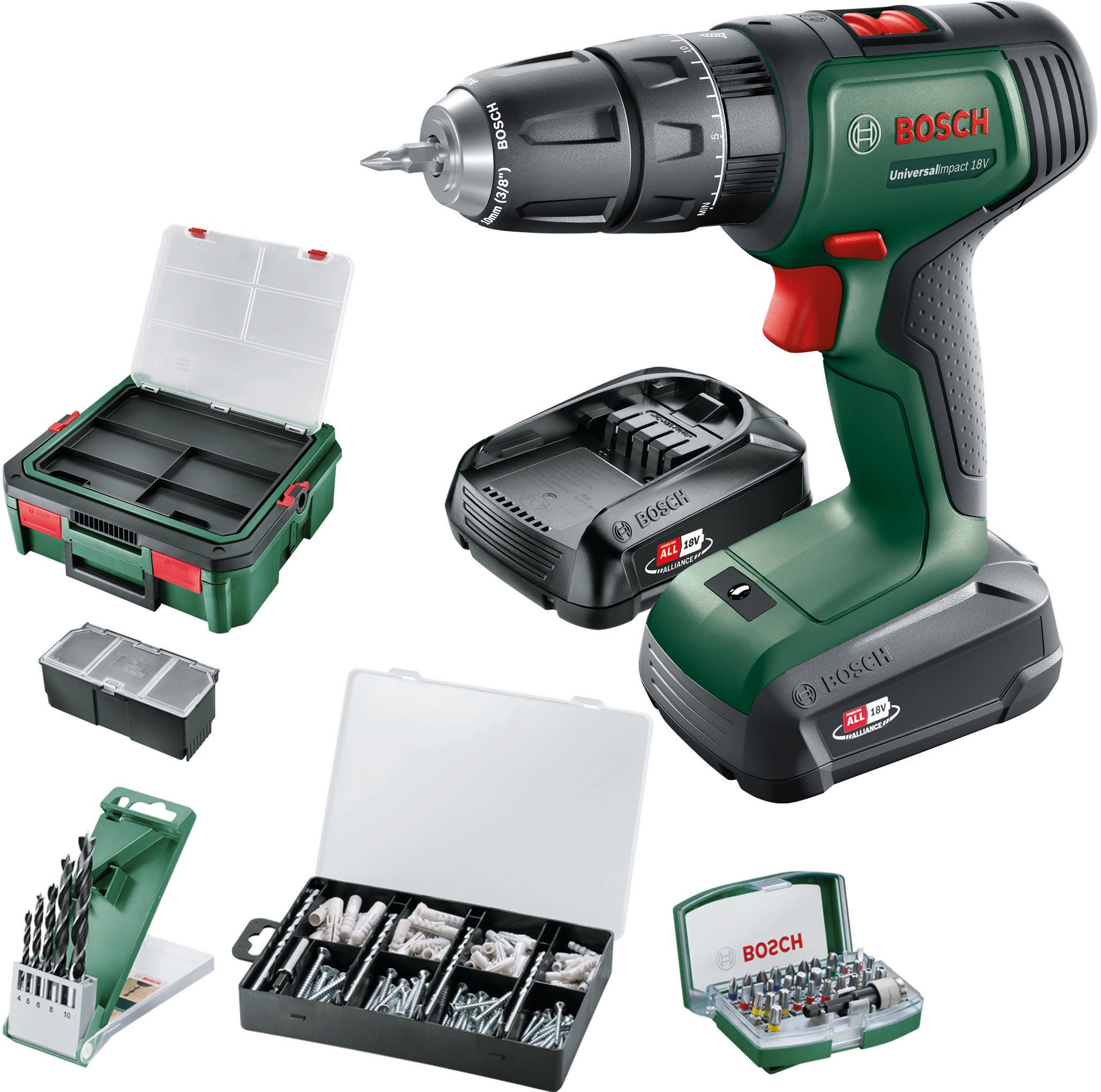 Akkus Bosch UniversalImpact Garden 18V+ (Set), Ladegerät & und 2 Akku-Schlagbohrschrauber Home Systembox, mit