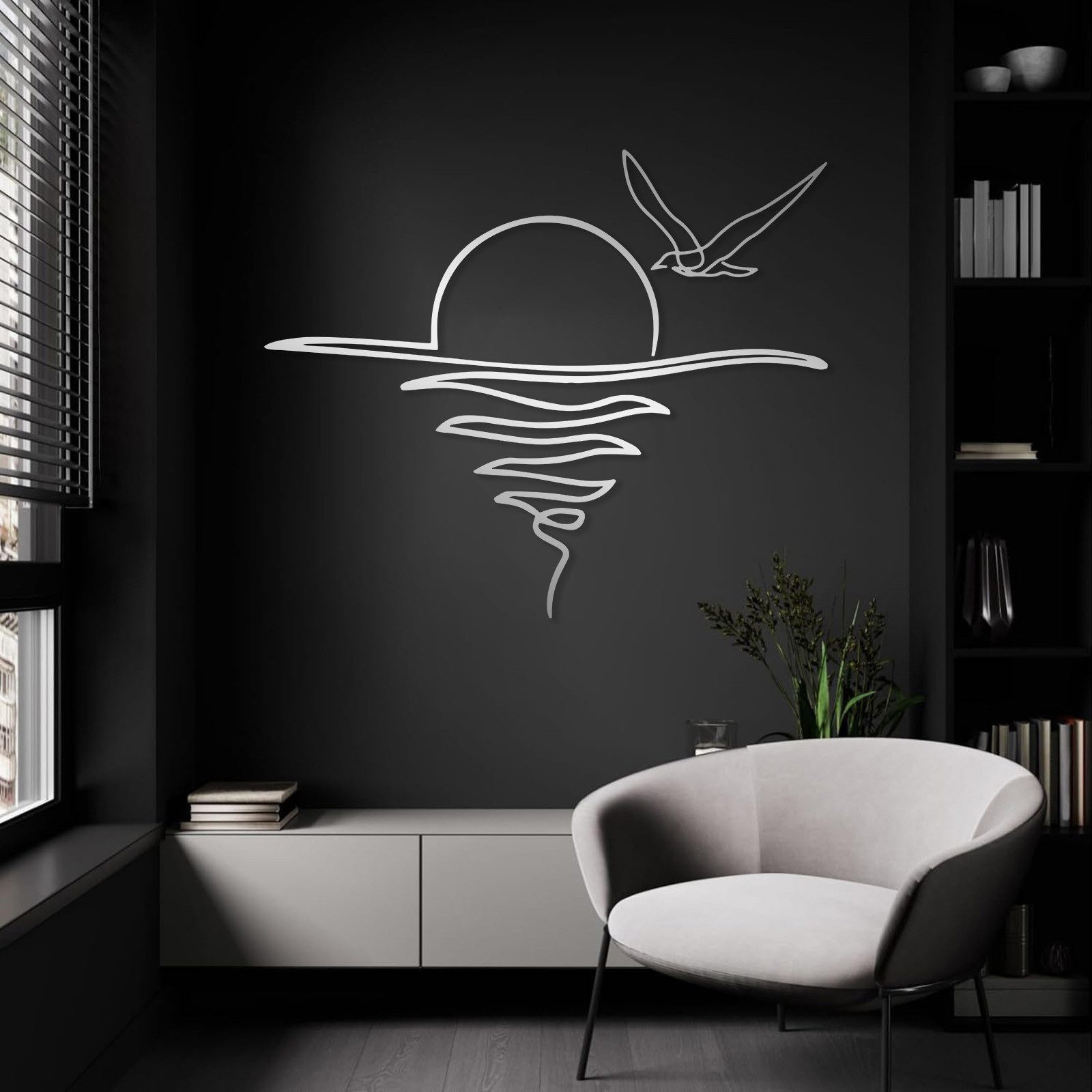 Jumpeak Wanddekoobjekt Sonnenaufgang Metall Wanddekoration,Möwe,Abstrakte Linien,Wasserwellen, Metall,4 Farben,3 Maße,Minimalismus,Ruhe,Strichkunst,Meer,Horizont