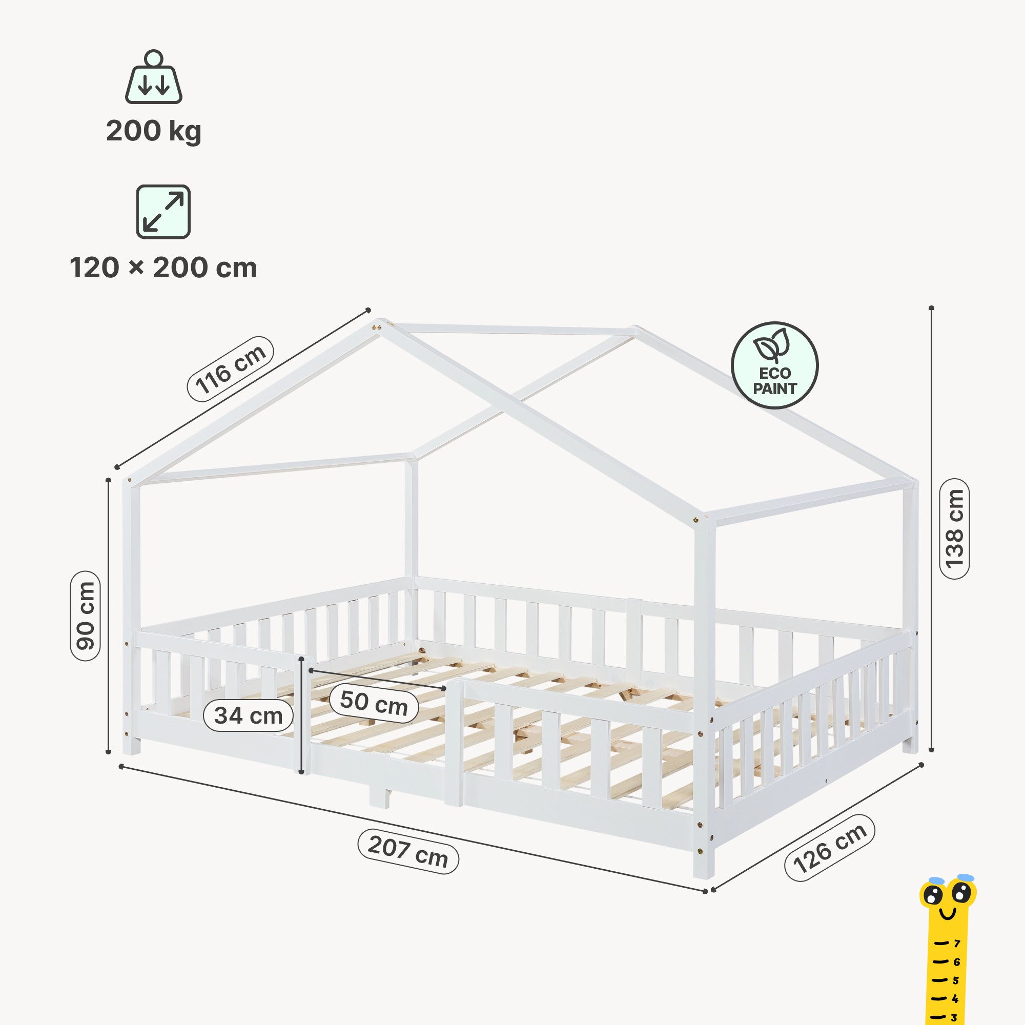 en.casa Kinderbett, »Treviolo« Haus-Optik Montessori 120x200 cm Weiß