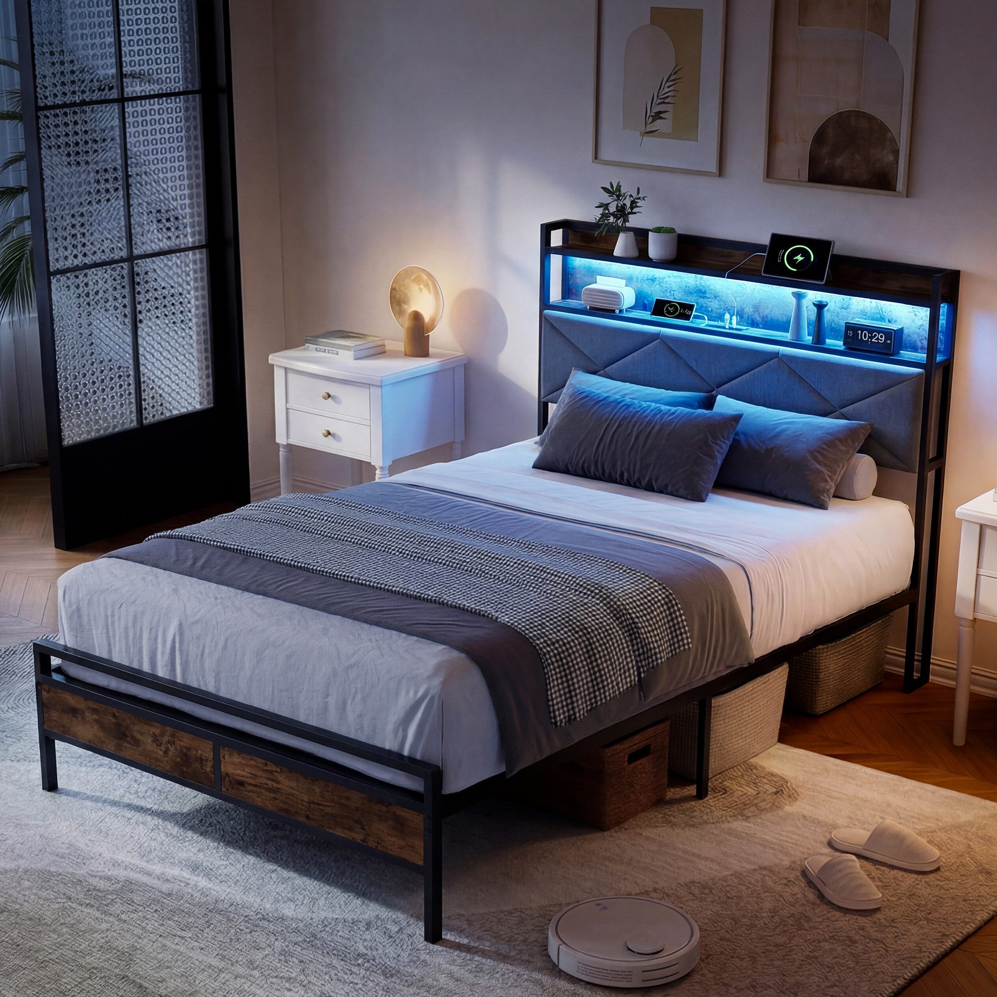 zebery Polsterbett Jugendbett mit LED-Beleuchtung, Metallbett mit USB&Type-C und Lattenrost,Einzelbett 90x200cm