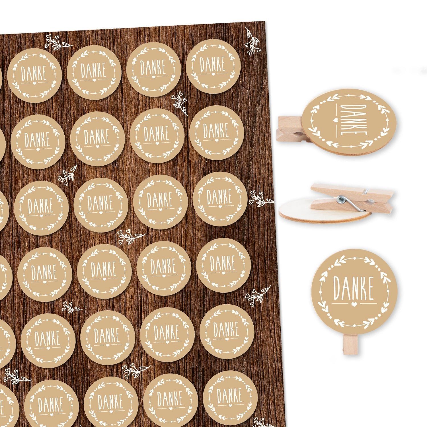 Logbuch-Verlag Dekofigur 35 Danke Aufkleber beige weiß + Holzklammer - Dankeschön Geschenk