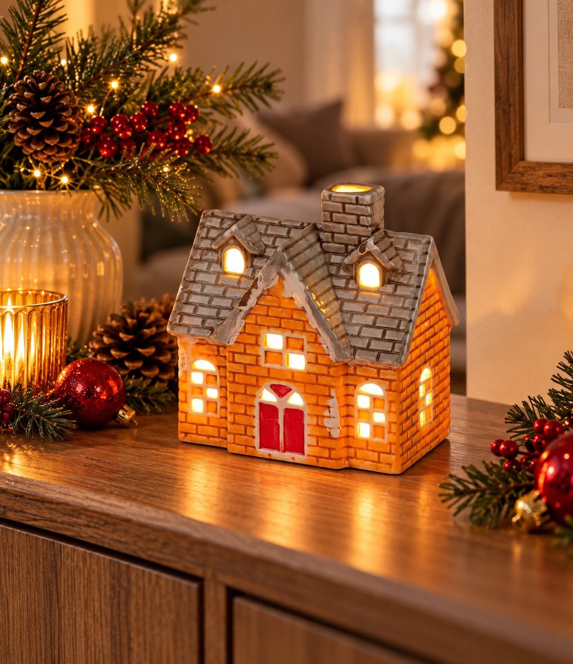 formano LED-Dekofigur Deko Haus m. LED-Licht & Timer Rot od. Orange