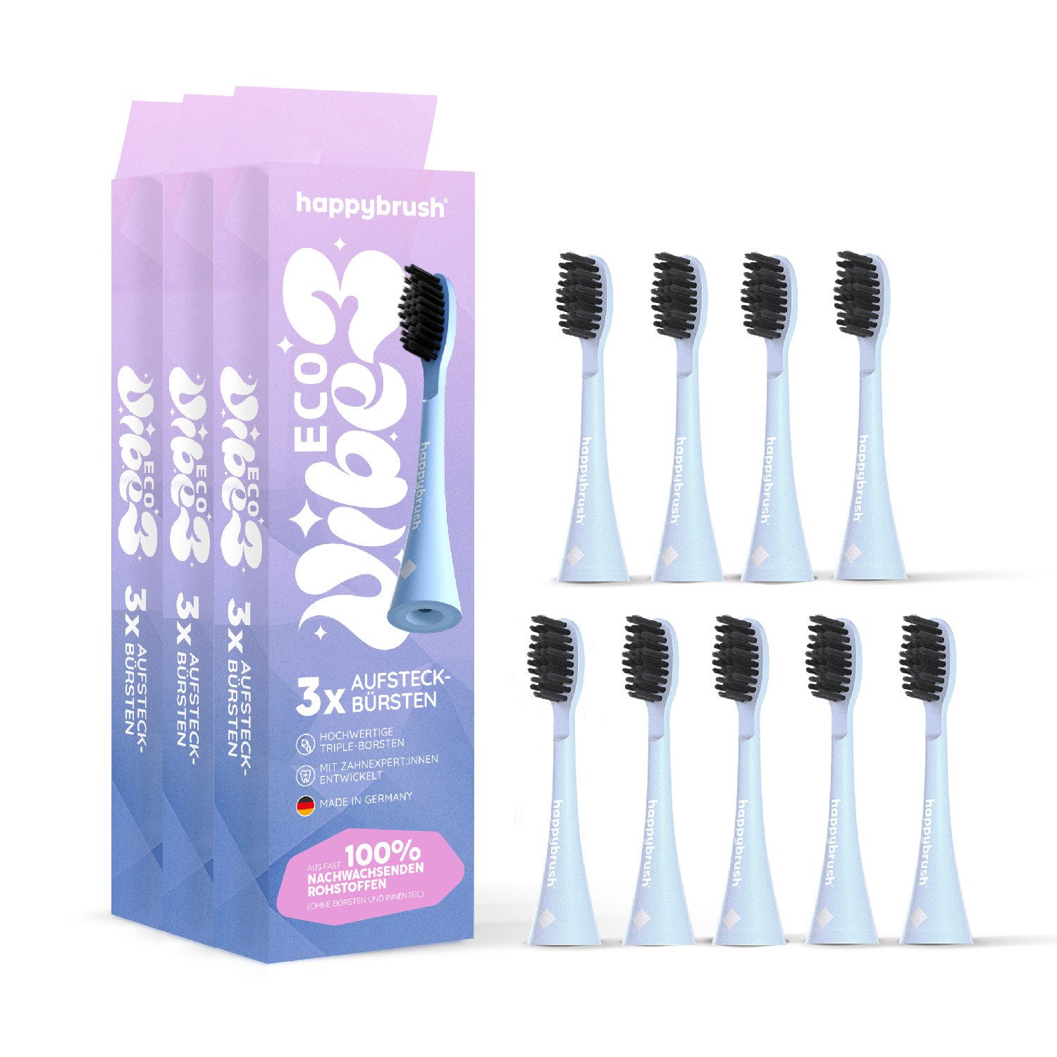 happybrush Aufsteckbürsten V3 Sunrise - mit Wechselindikator - 3x3 Stück - Spar-Set, für happybrush Eco Vibe 3, hochwertige Triple-Borsten, Wechselindikator