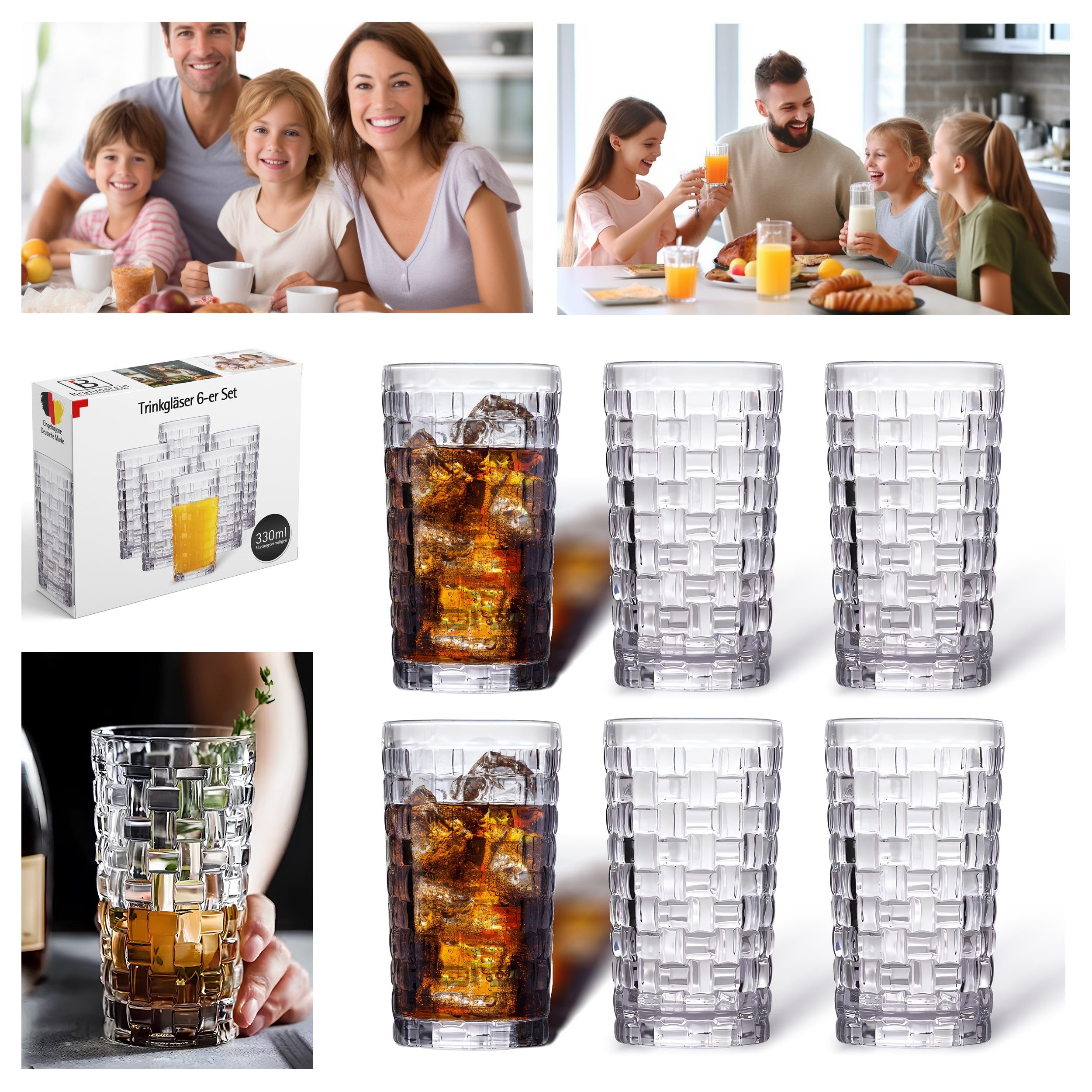 Brahmstein Gläser-Set Trinkgläser Set Wassergläser 6er Set für Cocktails Wasser, Softdrinks, 6-tlg., 6-teilig, Wassergläser-Set, 330ml