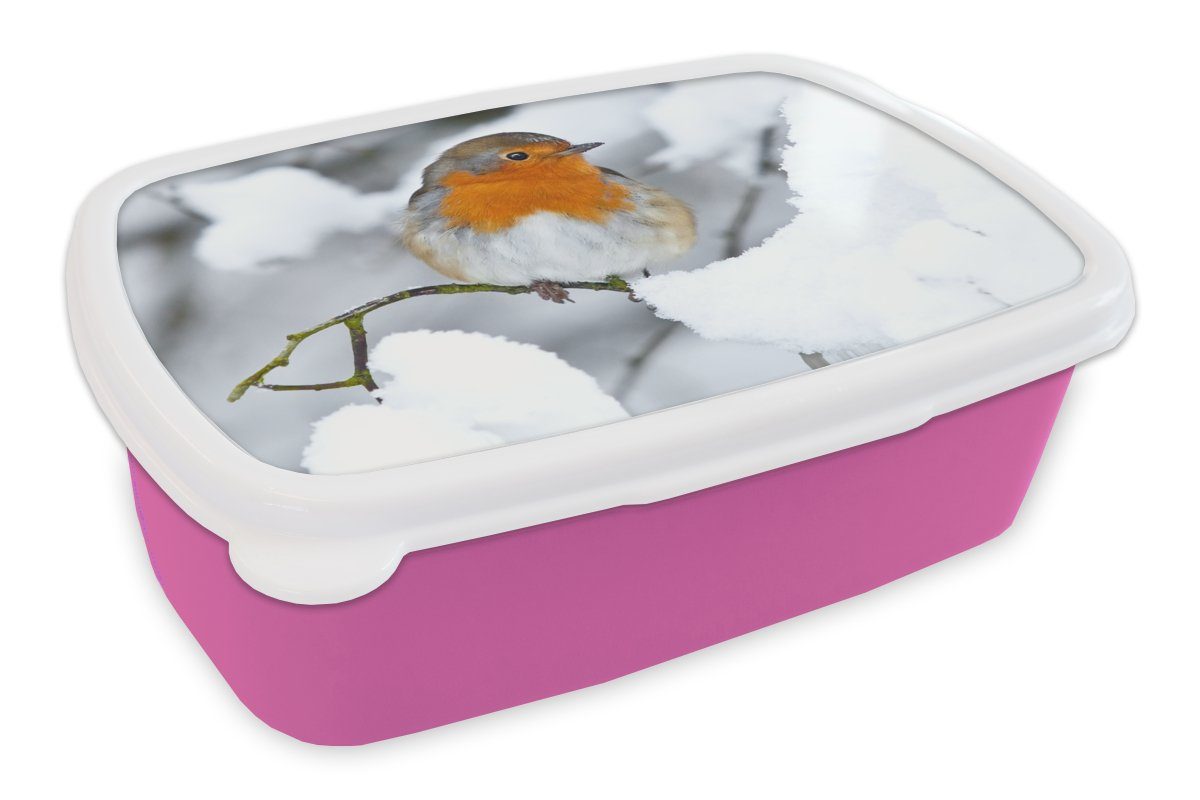 MuchoWow Lunchbox Rotkehlchen - Schnee Winter, Snackbox, Kunststoff für Brotdose Kunststoff, Kinder, Mädchen, (2-tlg), Erwachsene, Brotbox rosa 