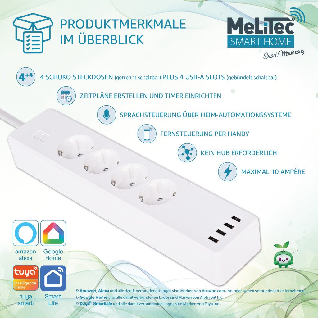 MeLiTec Smart Home Steckdosenleiste "SMART-SFG01-4H" Smarte Vierfach-Steckdosenleiste, Sendefrequenz: 2,4 GHz / Sendeleistung: max. 0,5 mW