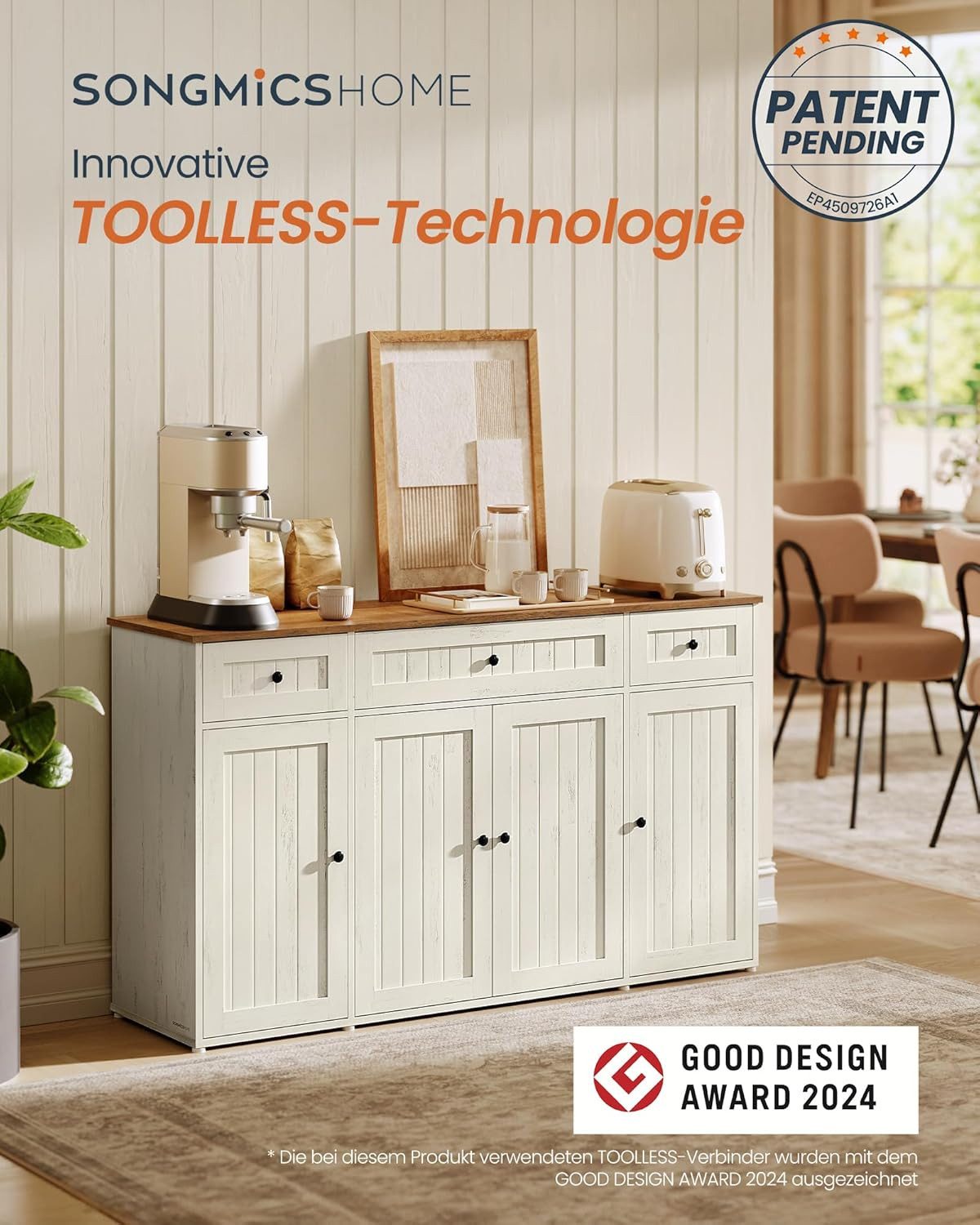 SONGMICS HOME Sideboard Sideboard, Toolless-Technologie, superschnelle werkzeuglose Montage, 39x81×140cm, Küchenschrank mit Arbeitsplatte