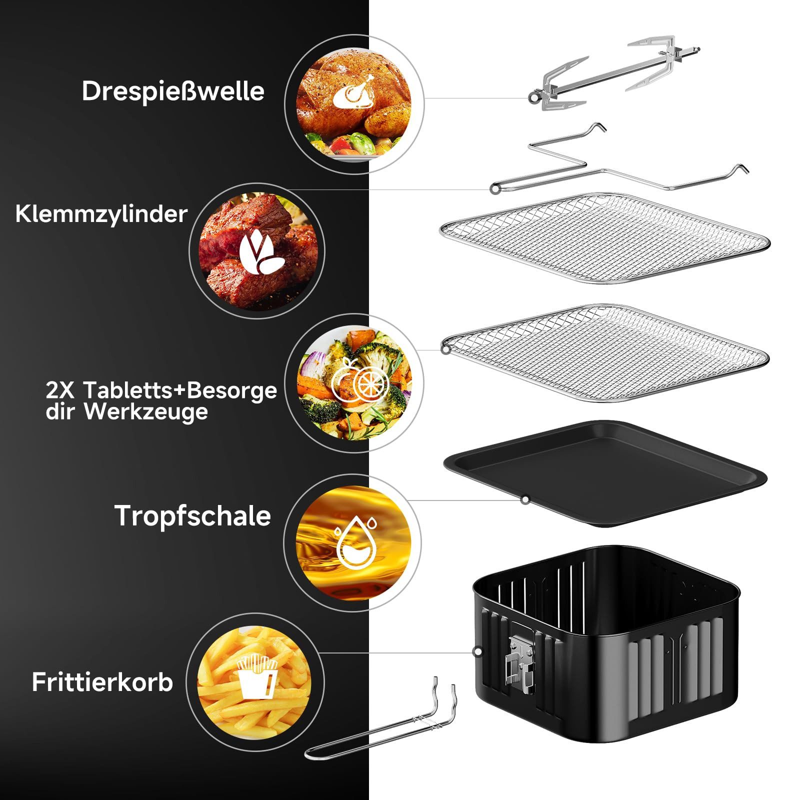 HOMELUX Heißluftfritteuse, 1800,00 W, 12 programme,5-in-1 Kombiniert Grillen,Braten,Grillen,Trocknen,Gärung