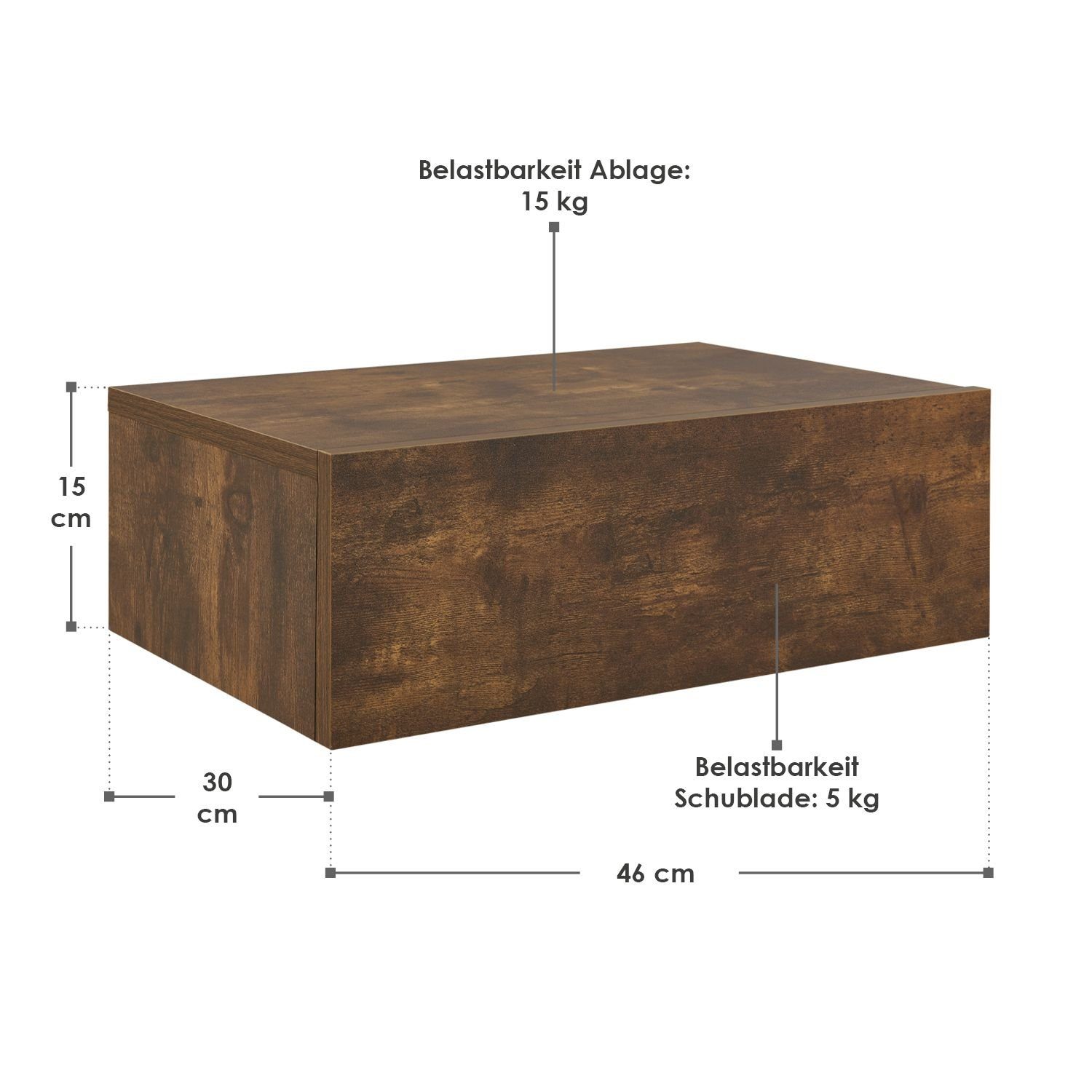 Regal, 1 Natur Holz, Wandregal, Schublade inkl. Juskys Befestigungsmaterial | Natur pro Wandmontage,