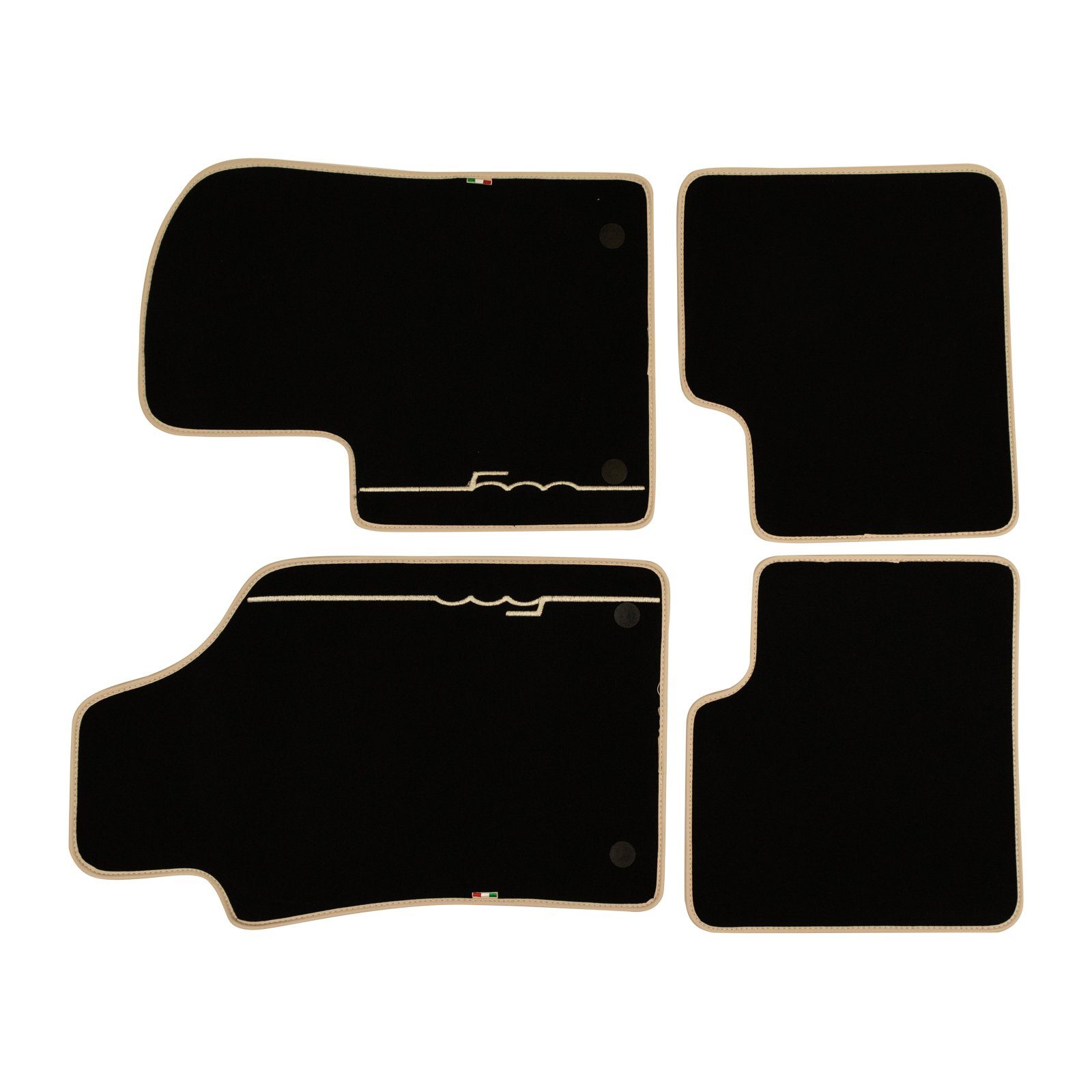 FIAT Auto-Fußmatte Original Fußmatten Textilmatten Velour schwarz 71807944 (4 St), für Fiat 500, Elfenbeinfarbenes 500-Logo + IT Flagge