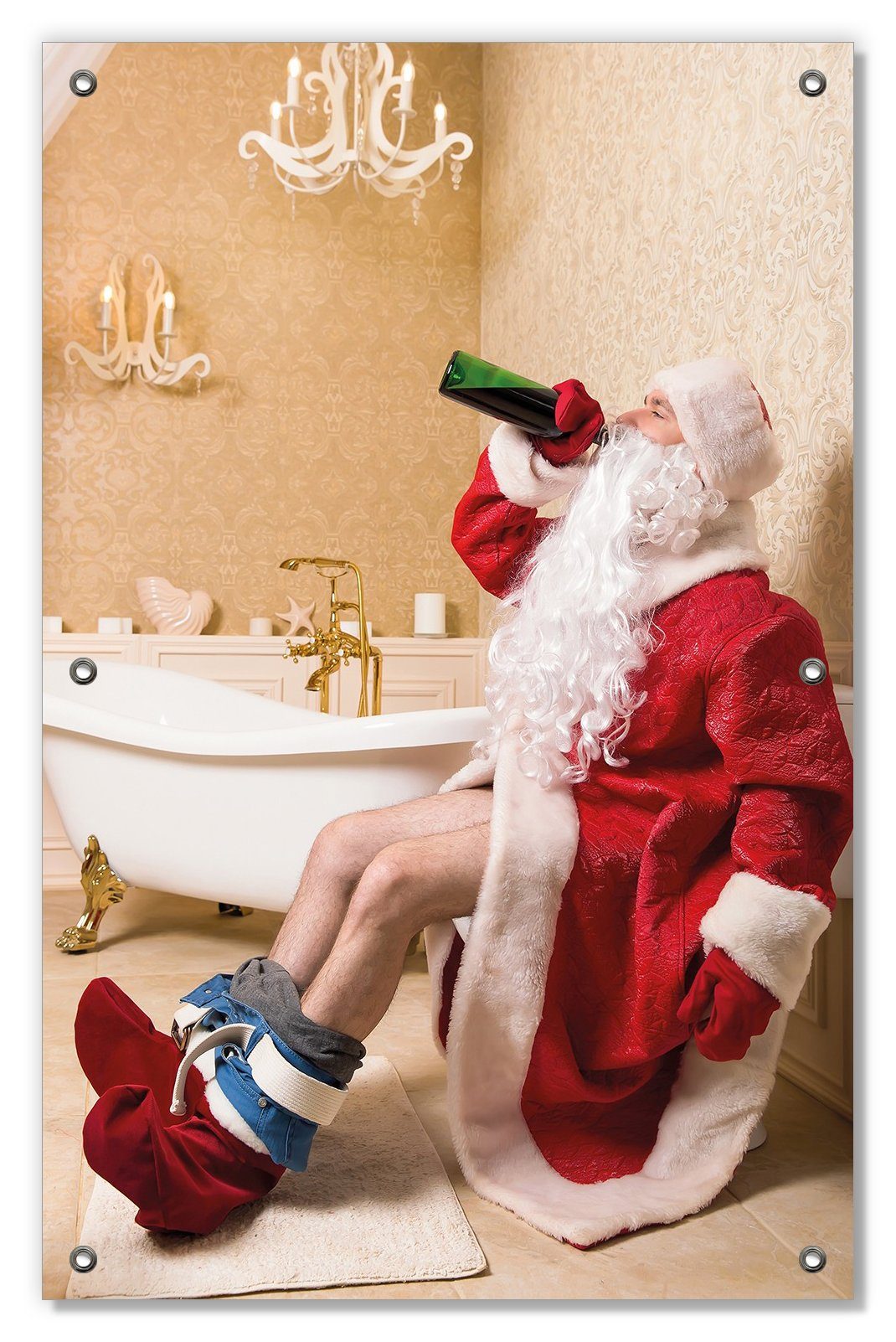 Sonnenschutz Betrunkener Weihnachtsmann mit Weinflasche auf dem Klo, Wallario, blickdicht, mit Saugnäpfen, wiederablösbar und wiederverwendbar