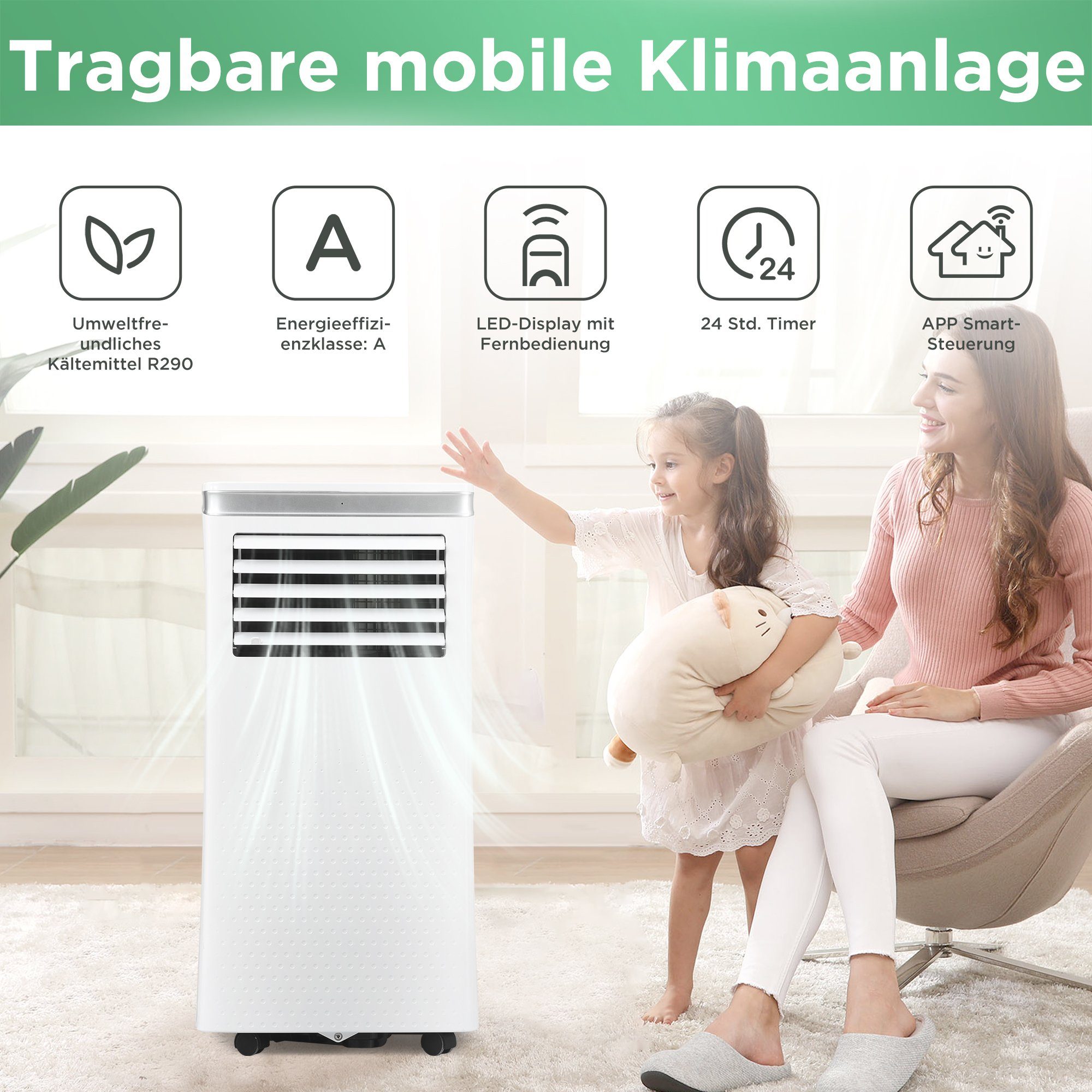 Merax Klimagerät 3-in-1 Klimagerät mit Wifi und Fernbedienung, 24h-Timer, 9000 BTU/h mobile Klimaanlage für 100 m³ inkl. APP, Luftentfeuchter