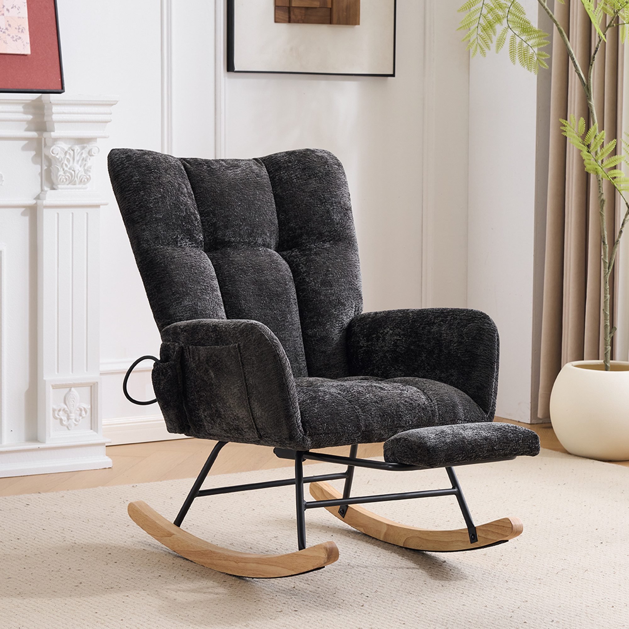 Leawin Schaukelstuhl Schaukelstuhl Wohnzimmer mit Fußstütze & Luftkissen-Rückenlehne, Chenille Relaxsessel mit Stauraum & Komfort Rückenlehne