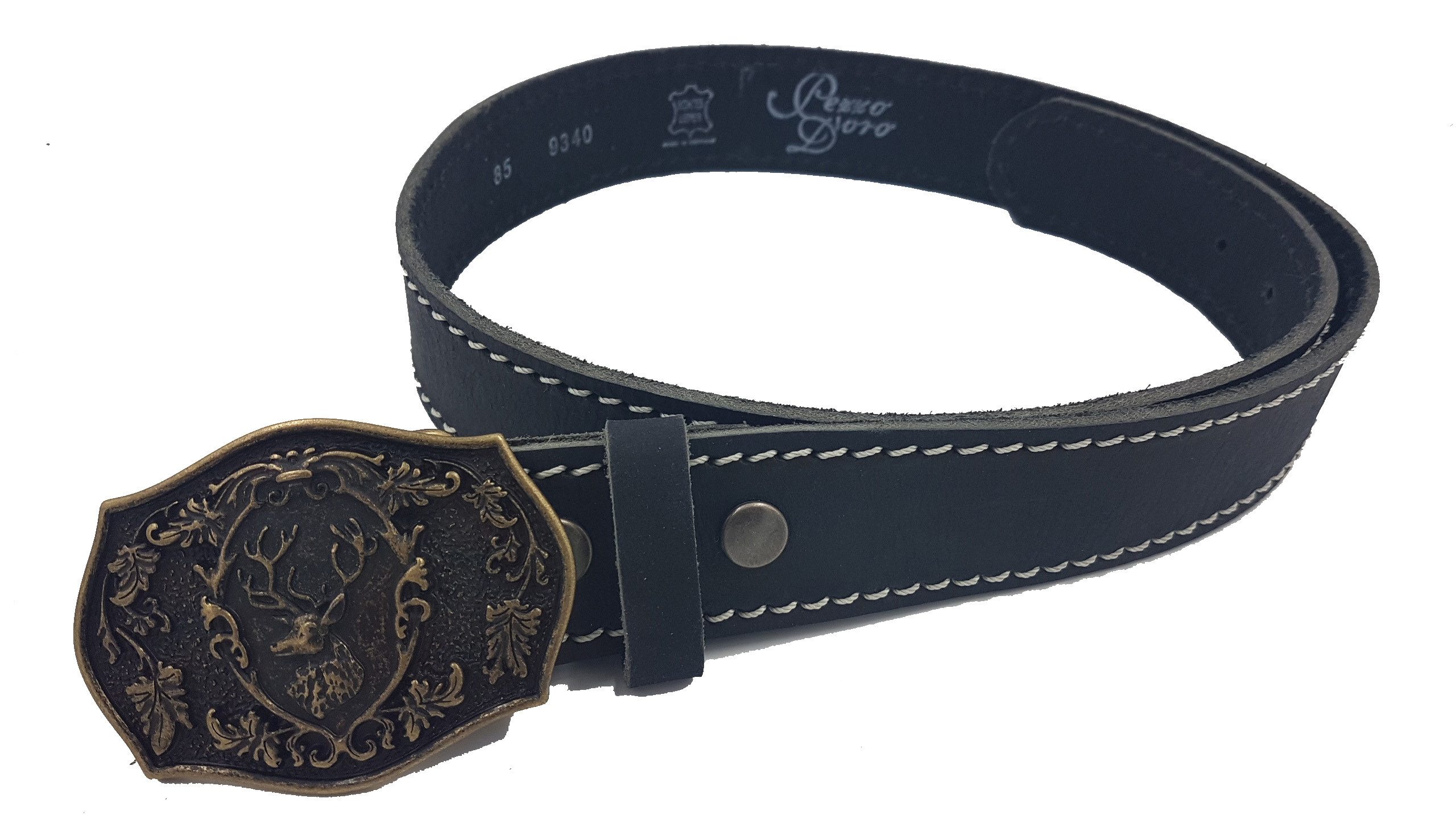 Pezzo D'oro Ledergürtel Ledergürtel schwarz weisser Stick Schließe mit Hirschmotiv kunstvoll geprägter Hirschkopf