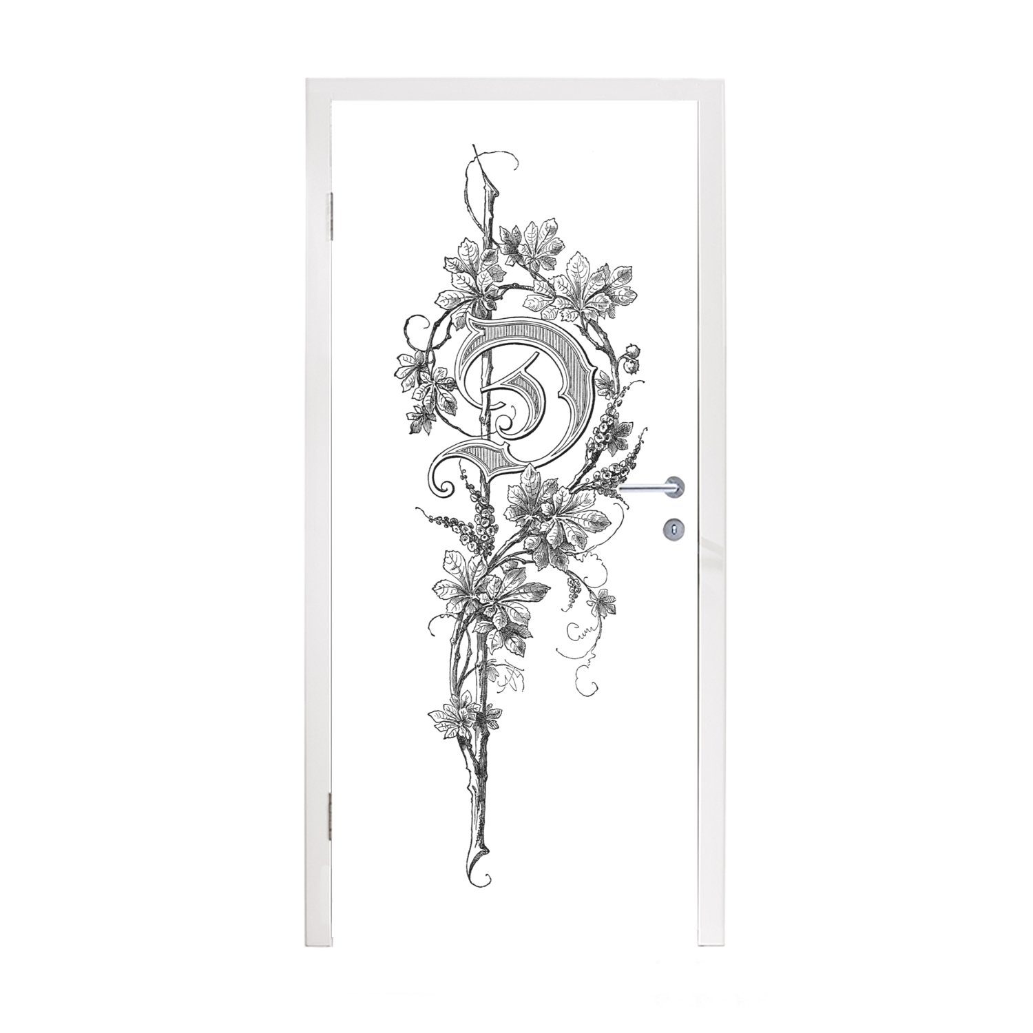 MuchoWow Türtapete Antike Holzstichillustration des Buchstabens D - schwarz und weiß, Matt, bedruckt, (1 St), Fototapete für Tür, Türaufkleber, 75x205 cm