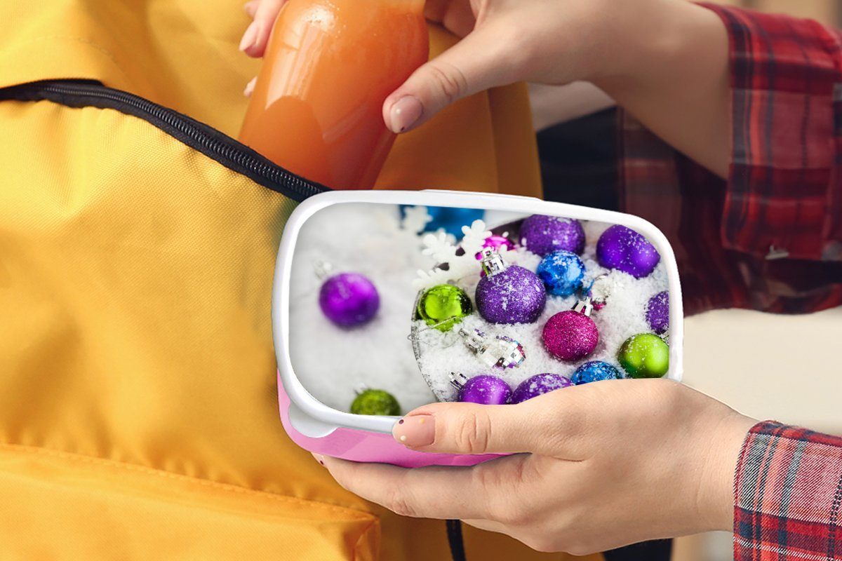 Mädchen, Lunchbox für MuchoWow (2-tlg), Erwachsene, Brotdose im Kinder, Schneekübel, Snackbox, Kunststoff, rosa Kunststoff Brotbox Weihnachtskugeln