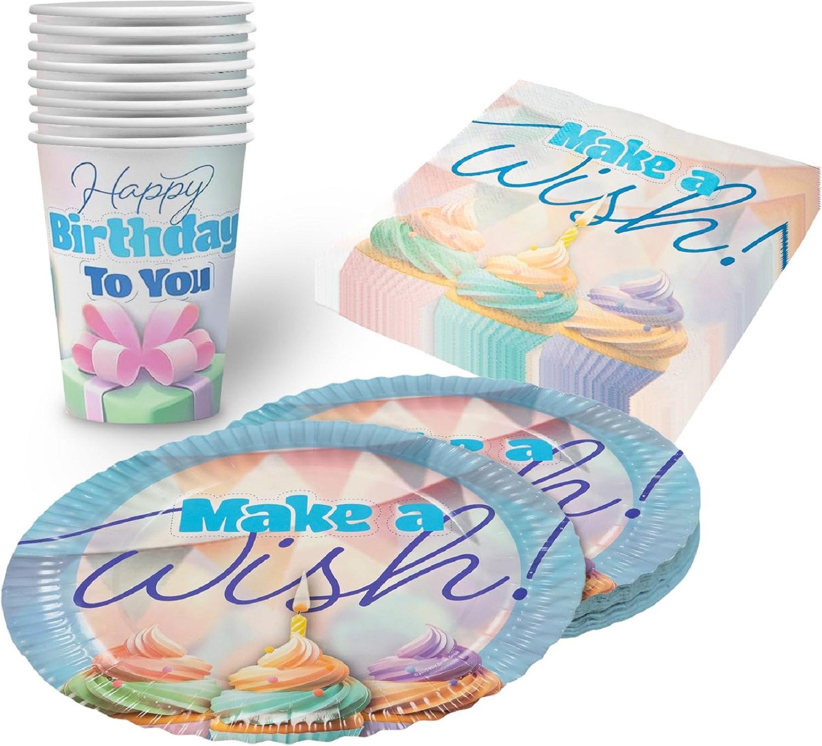 Party Factory Geschirr-Set Happy Birthday Pastell 36-tlg Party-Set: Teller, Becher, Servietten, 8 Personen, Sanfte Farben für eine festliche Stimmung