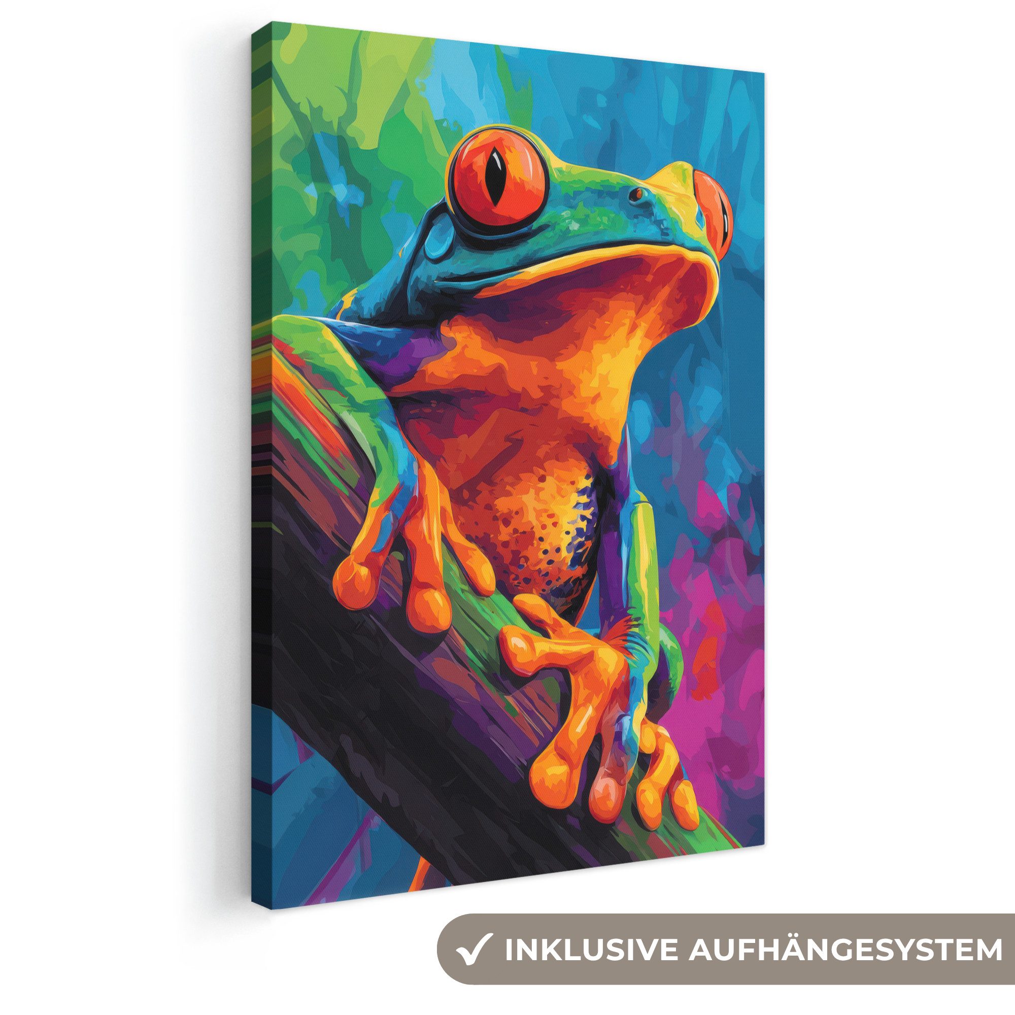 OneMillionCanvasses® Leinwandbild Frosch - Leuchtend bunt - Zweig - Regenbogen, Fotodruck (1 St), Leinwand Canvas Wandbild, Wanddekoration 20x30 cm