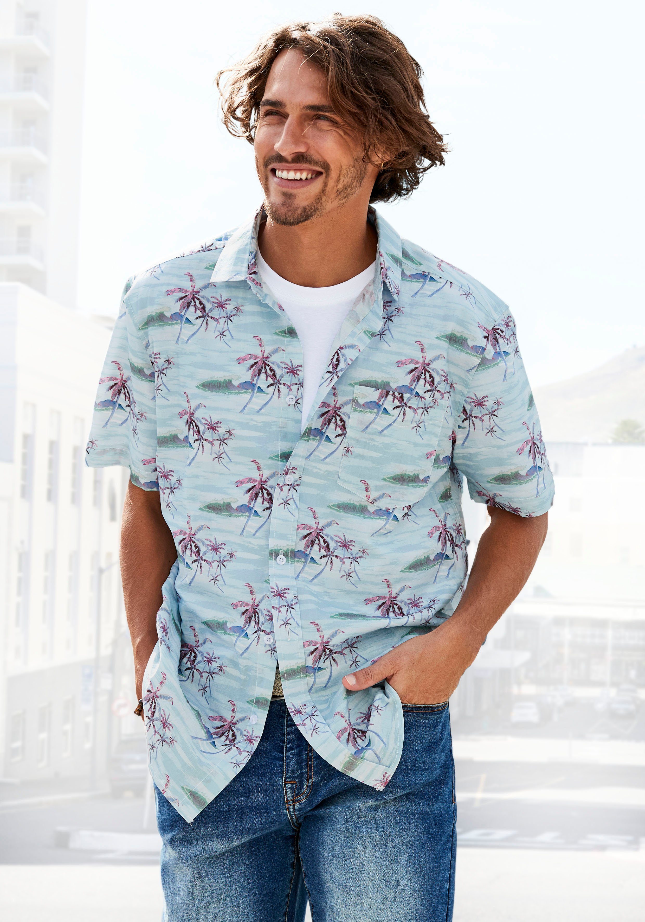 Beachtime Hawaiihemd mit coolem Palmenprint, Strandmode blau-bedruckt